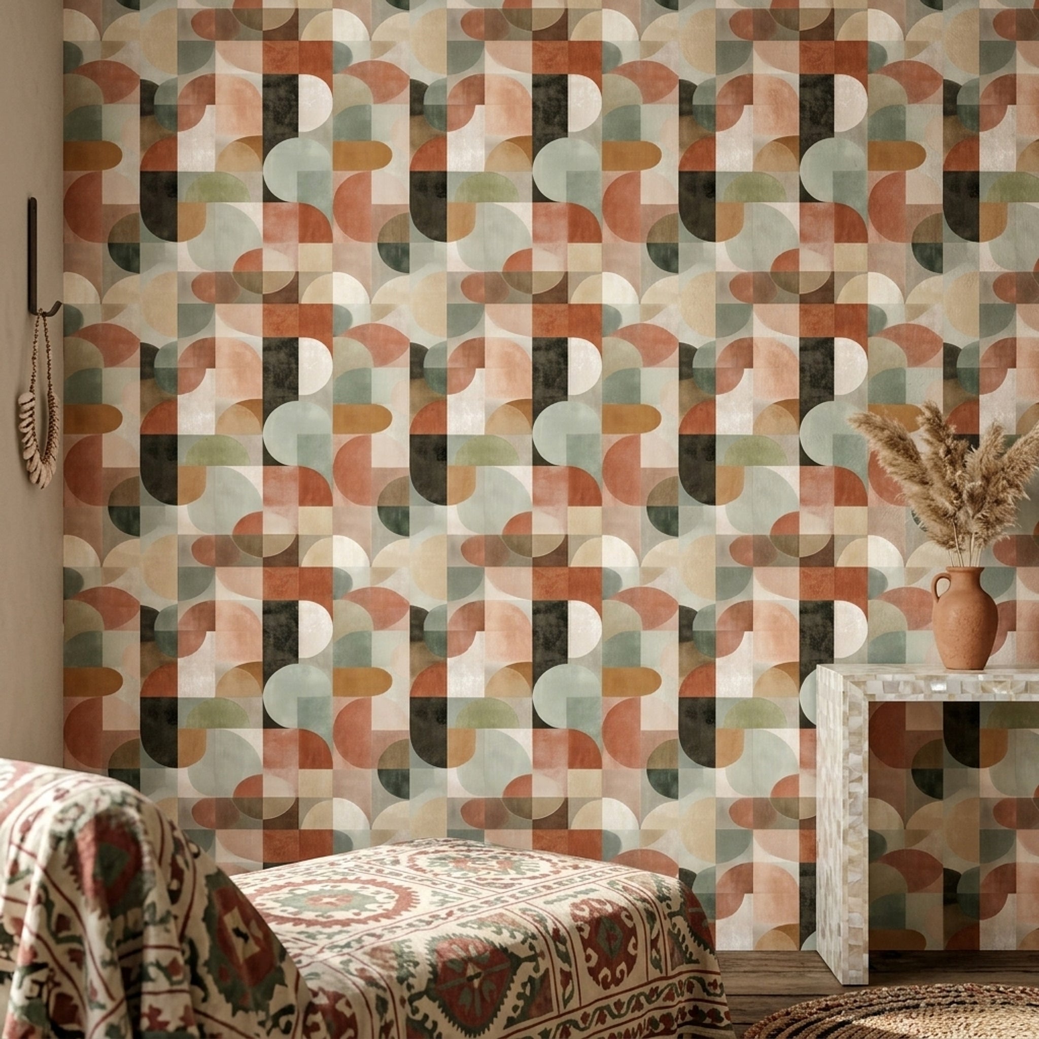 Retro Geometrik Duvar Kağıdı Bej Kahverengi Desenli Salon