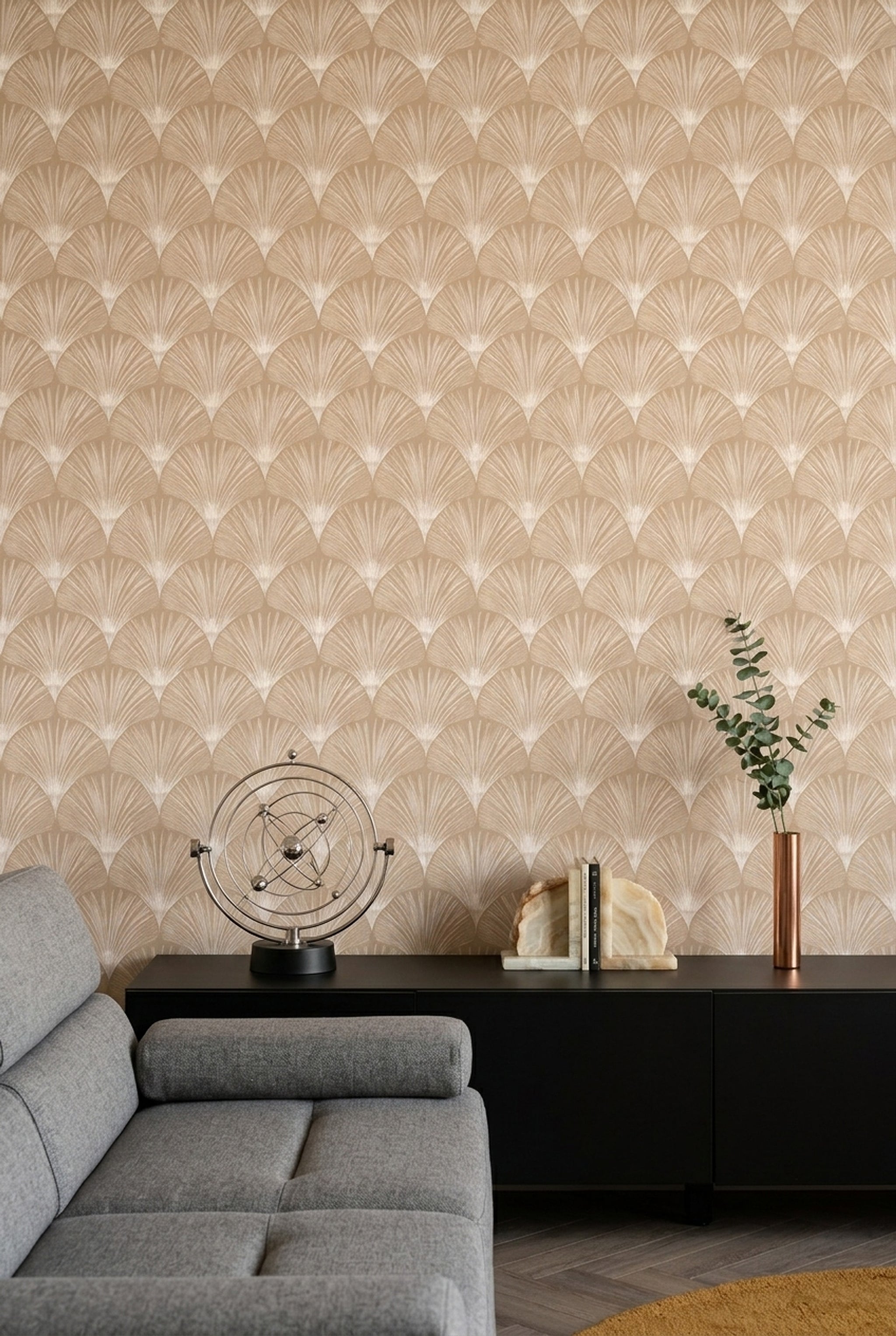 Bej Yelpaze Desenli Duvar Kağıdı Art Deco Salon