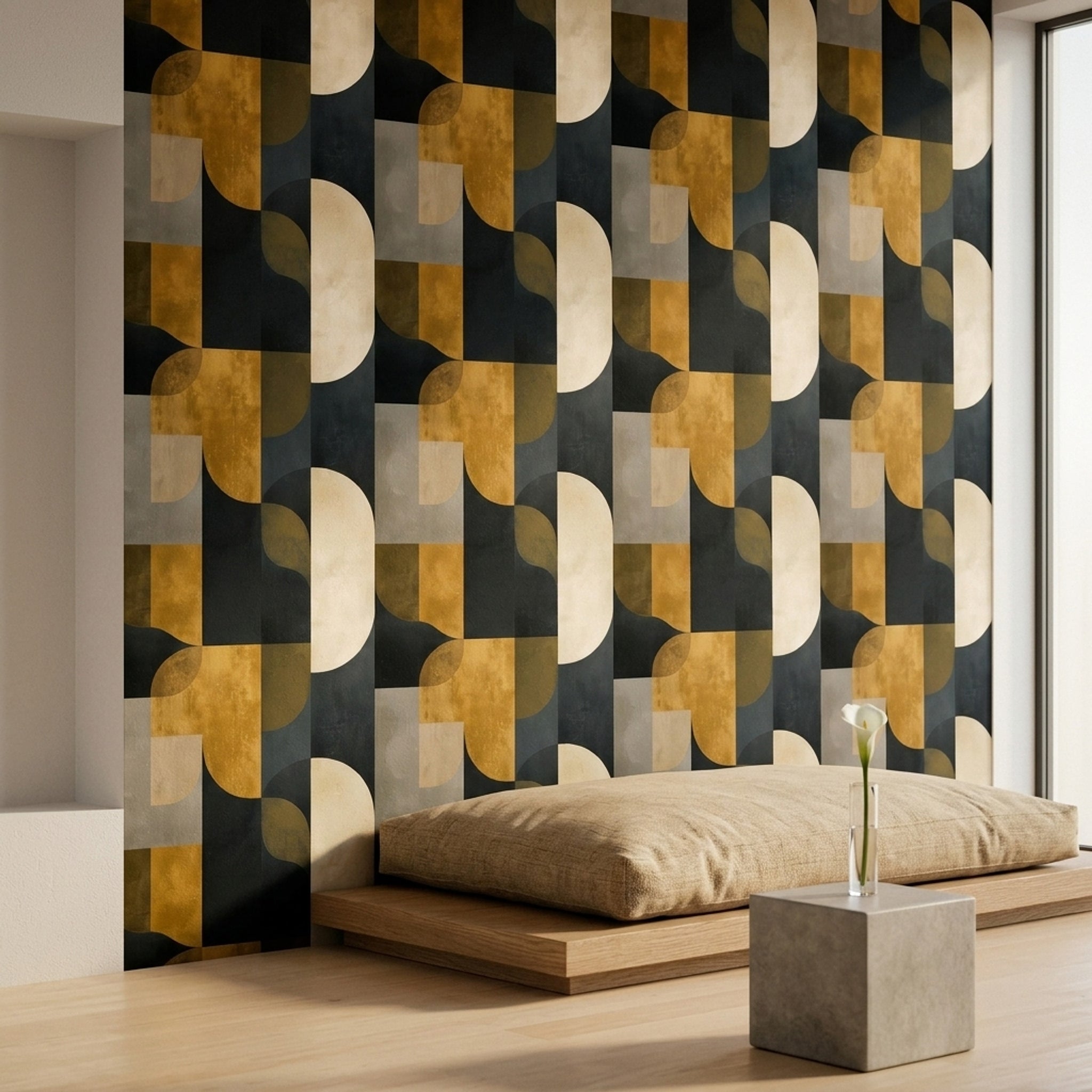Geometrik Desenli Duvar Kağıdı Siyah Altın Modern Salon