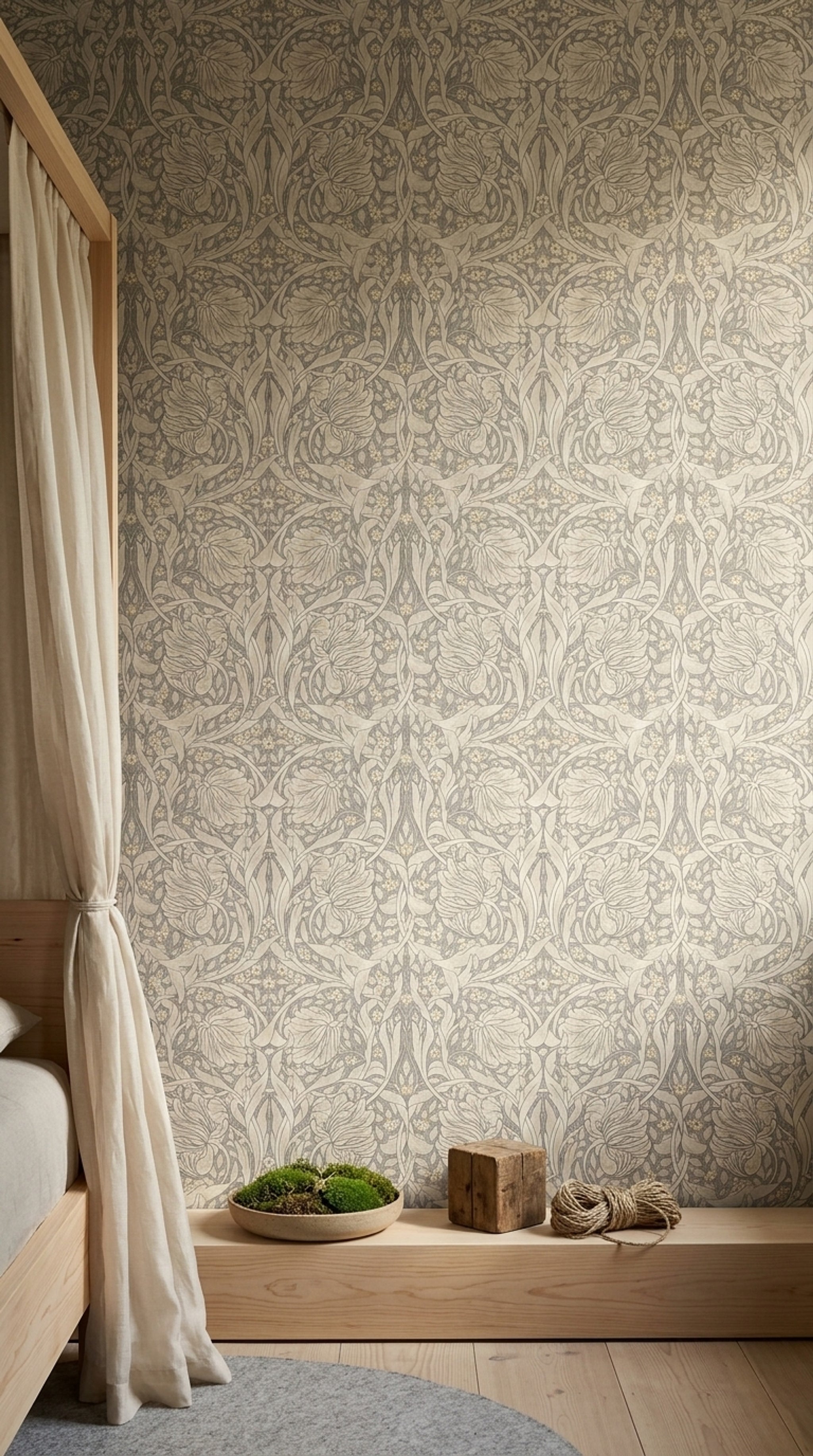 Art Nouveau Çiçekli Duvar Kağıdı Bej Tonlu Yatak Odası
