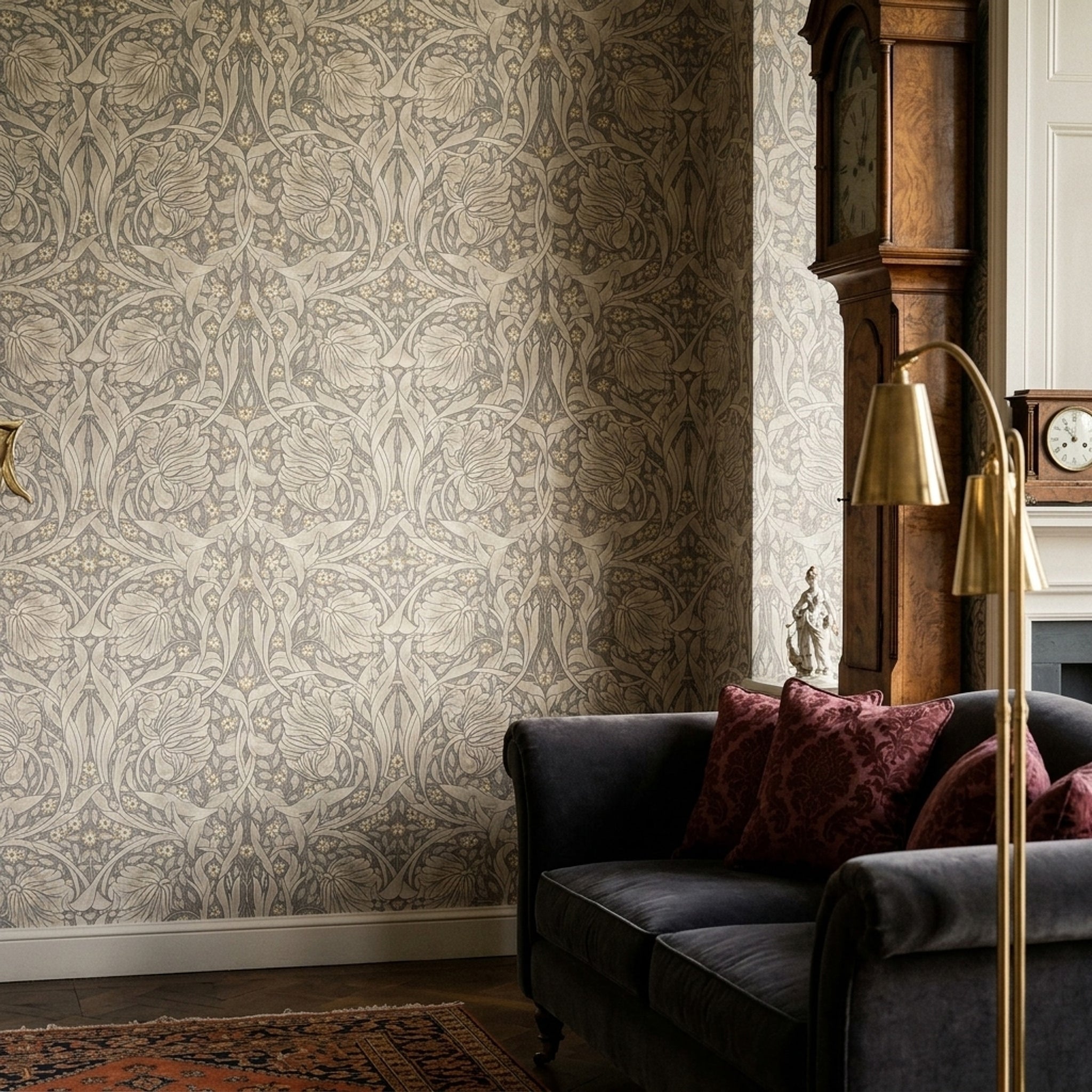 Art Nouveau Çiçekli Duvar Kağıdı Bej Tonlu Yatak Odası