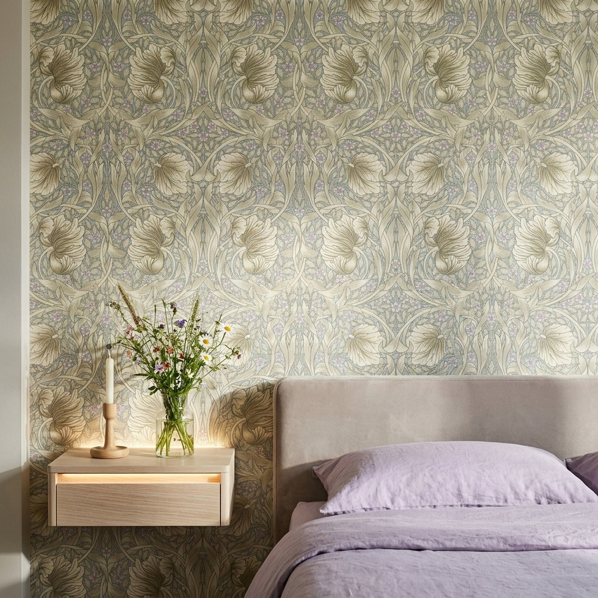 Art Nouveau Çiçekli Duvar Kağıdı Bej Tonlu Salon Deseni