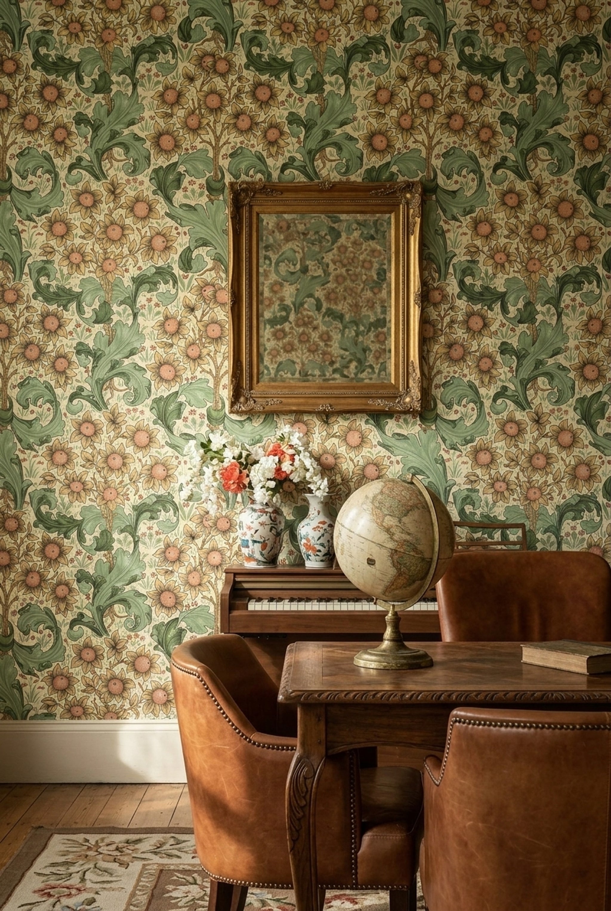 Vintage Çiçekli Duvar Kağıdı Yeşil Bej Klasik Salon