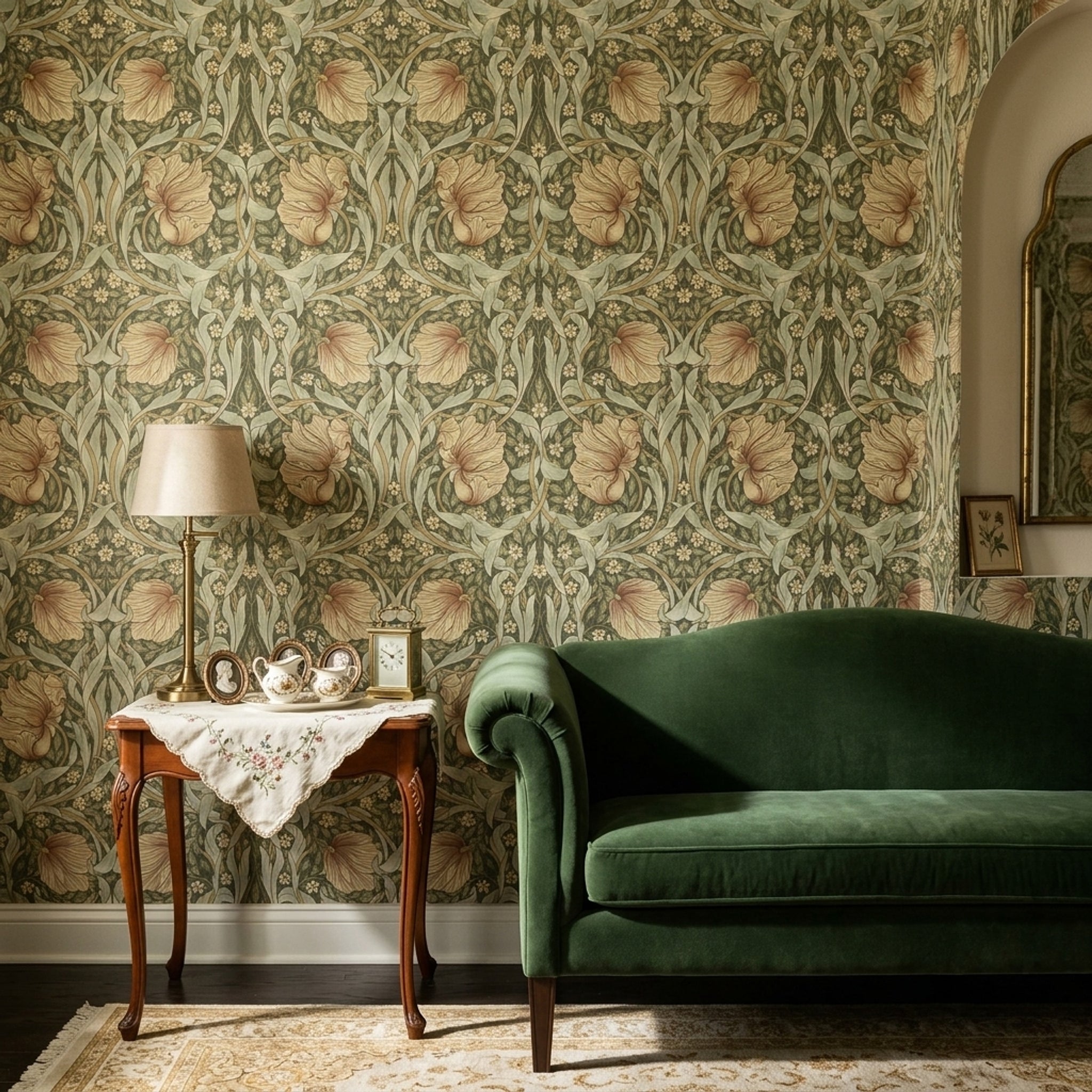 Art Nouveau Çiçek Desenli Duvar Kağıdı Yeşil Vintage Salon