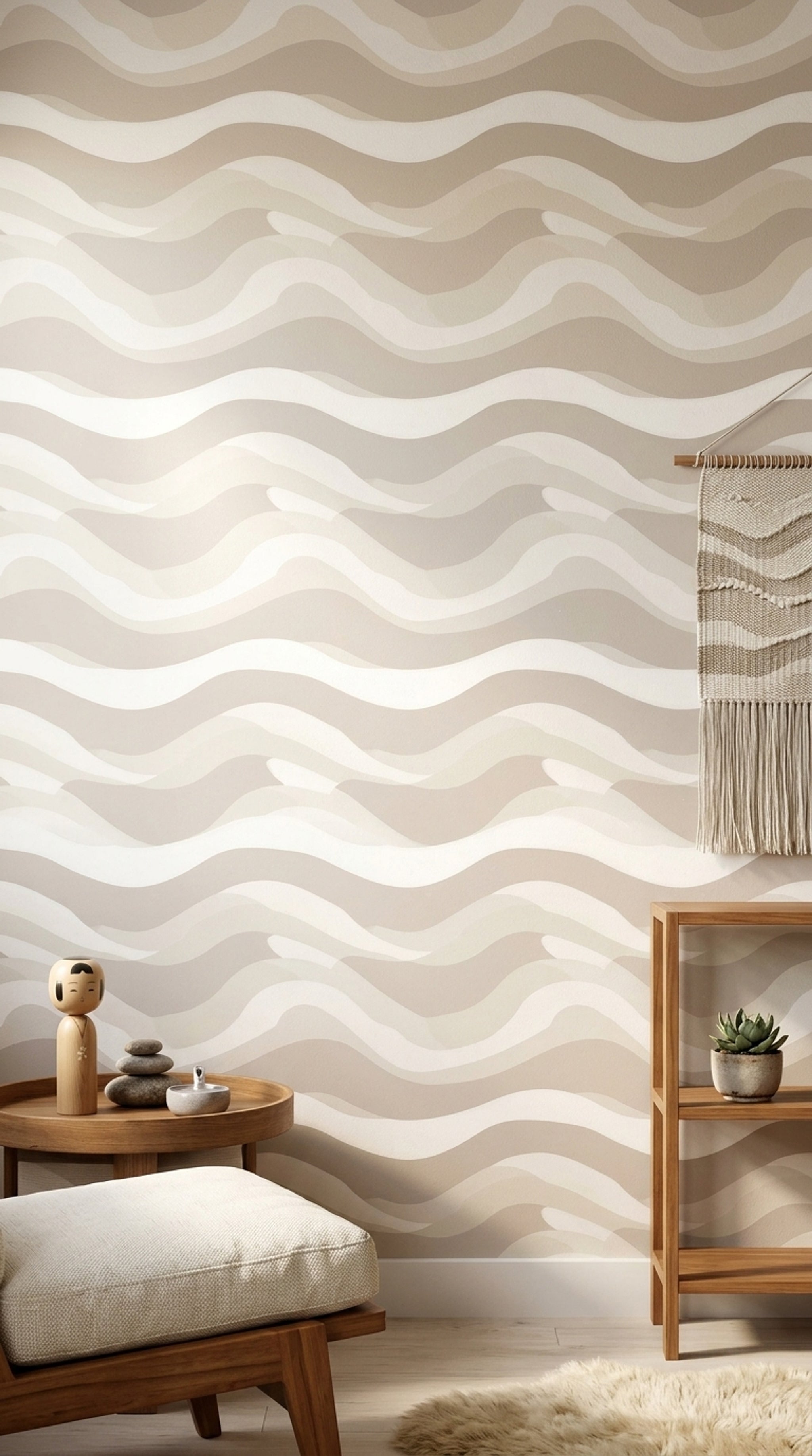 Dalgalı Çizgili Duvar Kağıdı Bej Krem Modern Salon