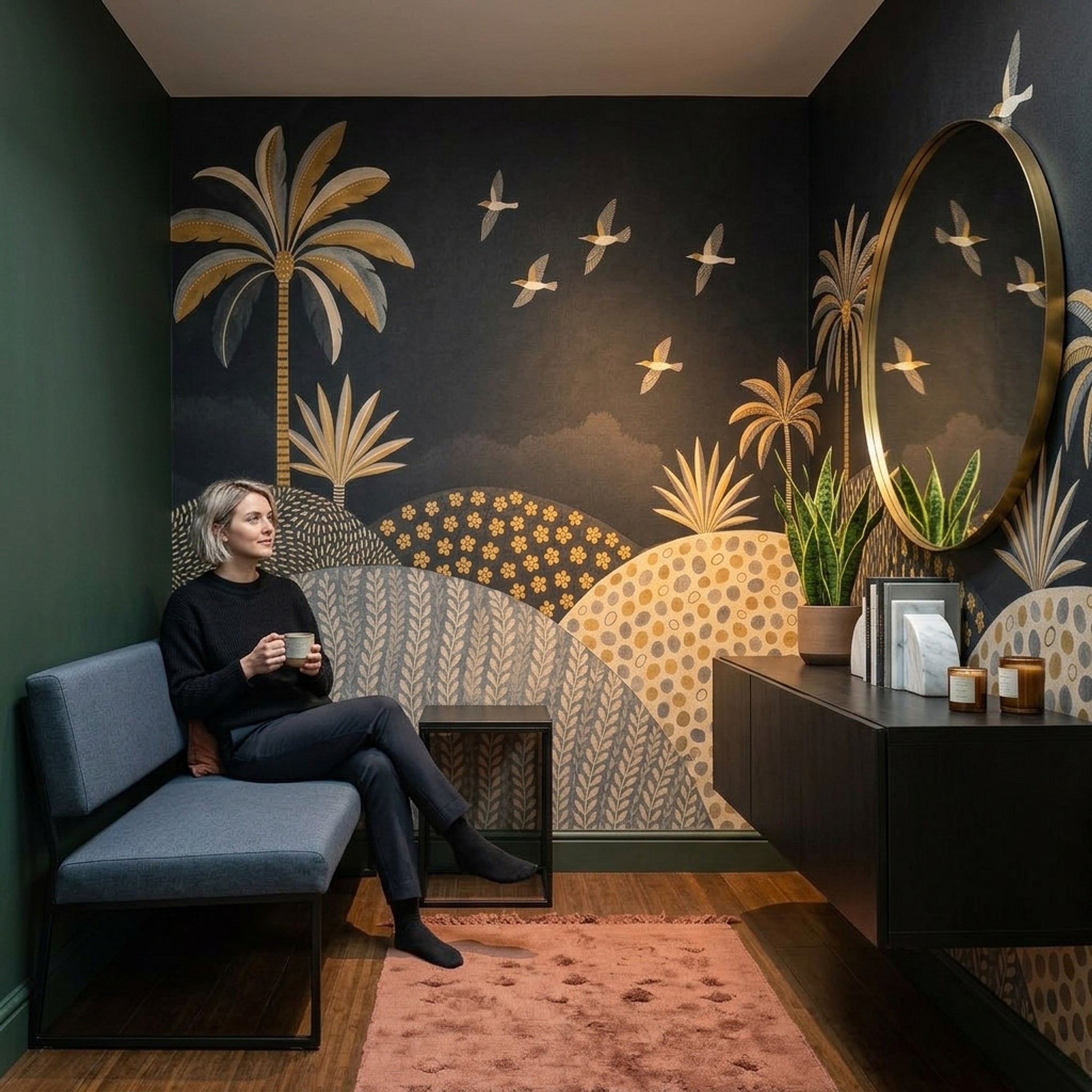 Palmiye ve Kuşlu Poster Duvar Kağıdı Siyah Altın Salon