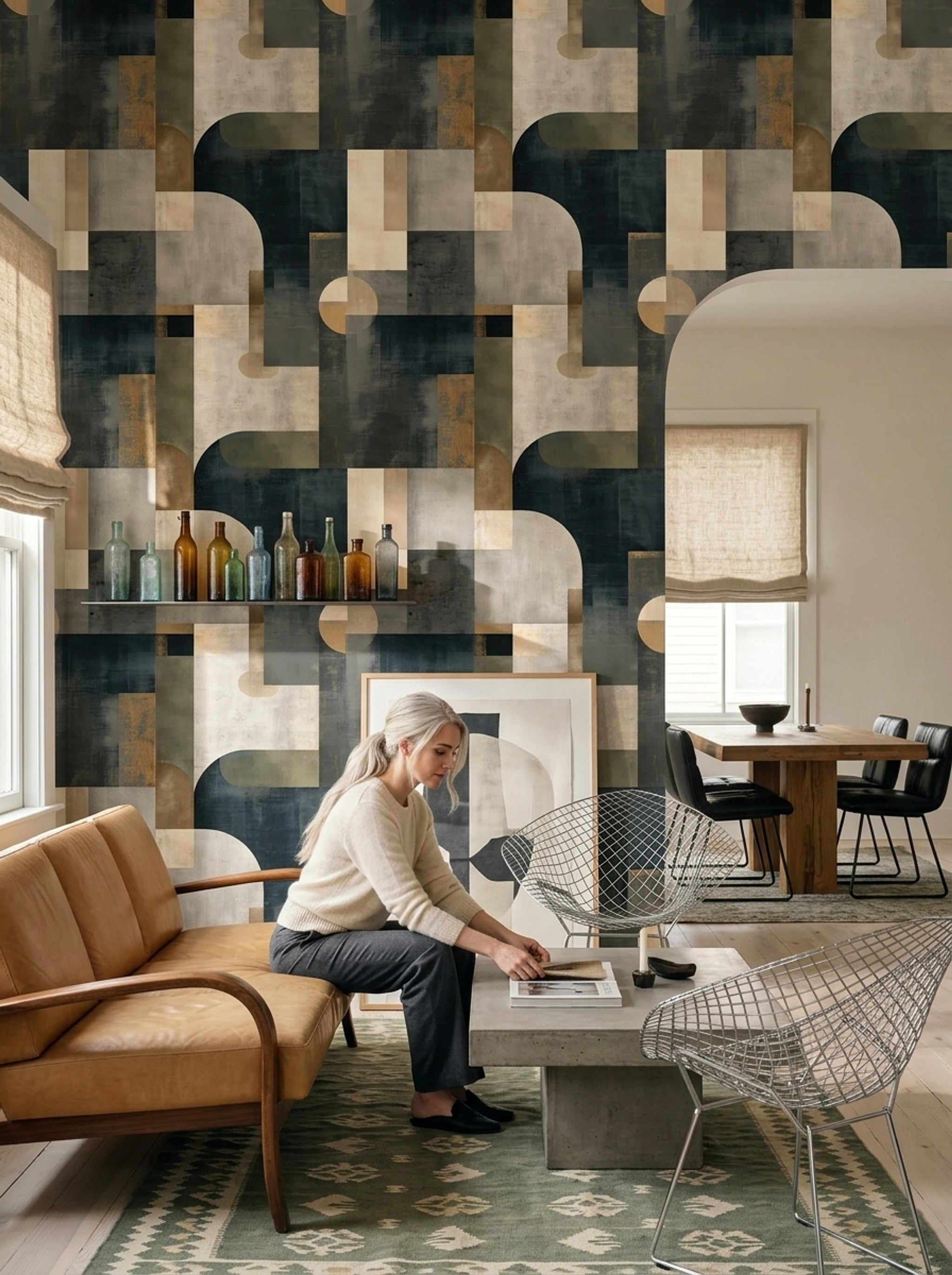 Geometrik Retro Duvar Kağıdı Lacivert Bej Desenli Salon