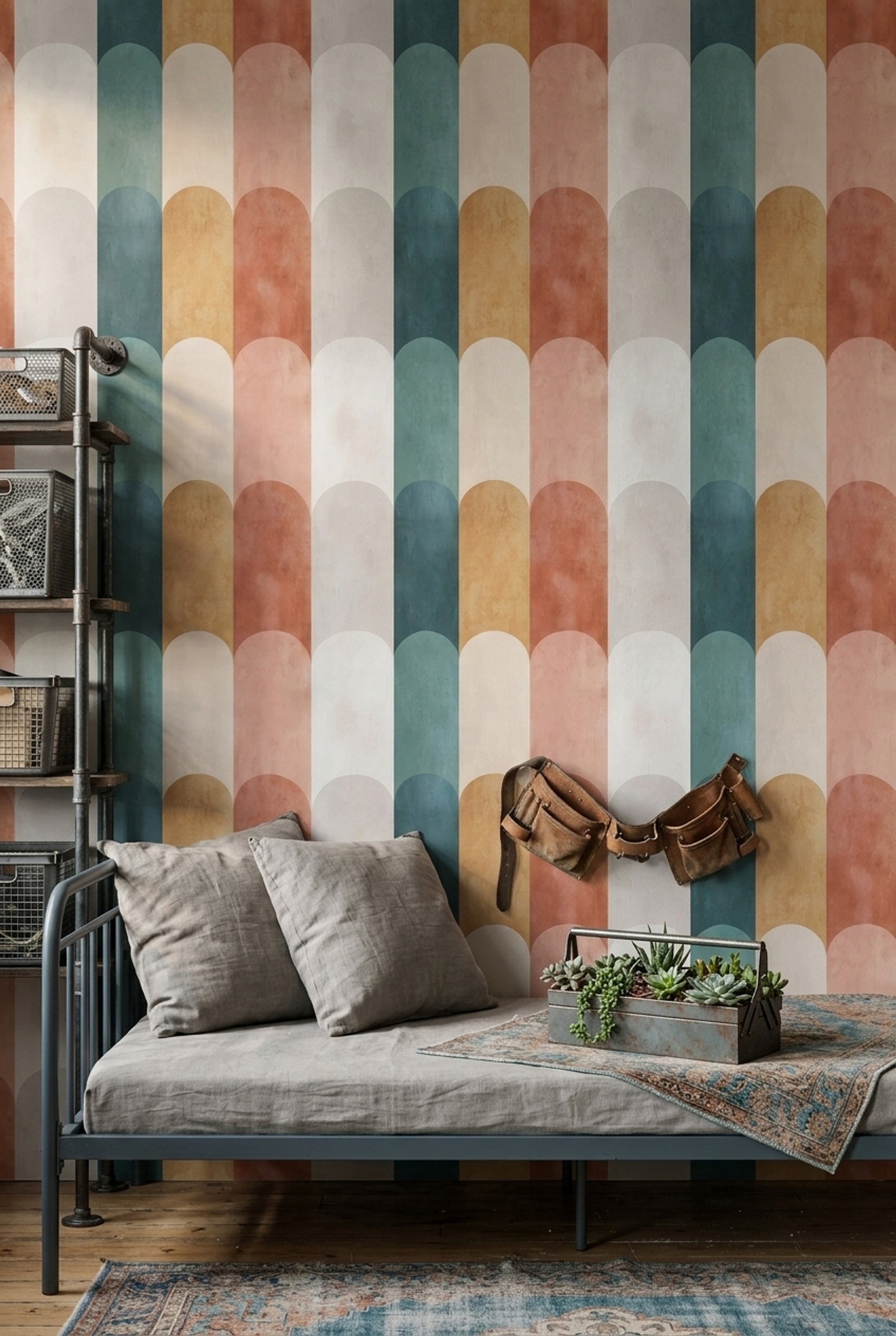 Geometrik Kemer Desenli Duvar Kağıdı Turkuaz Terracotta Modern
