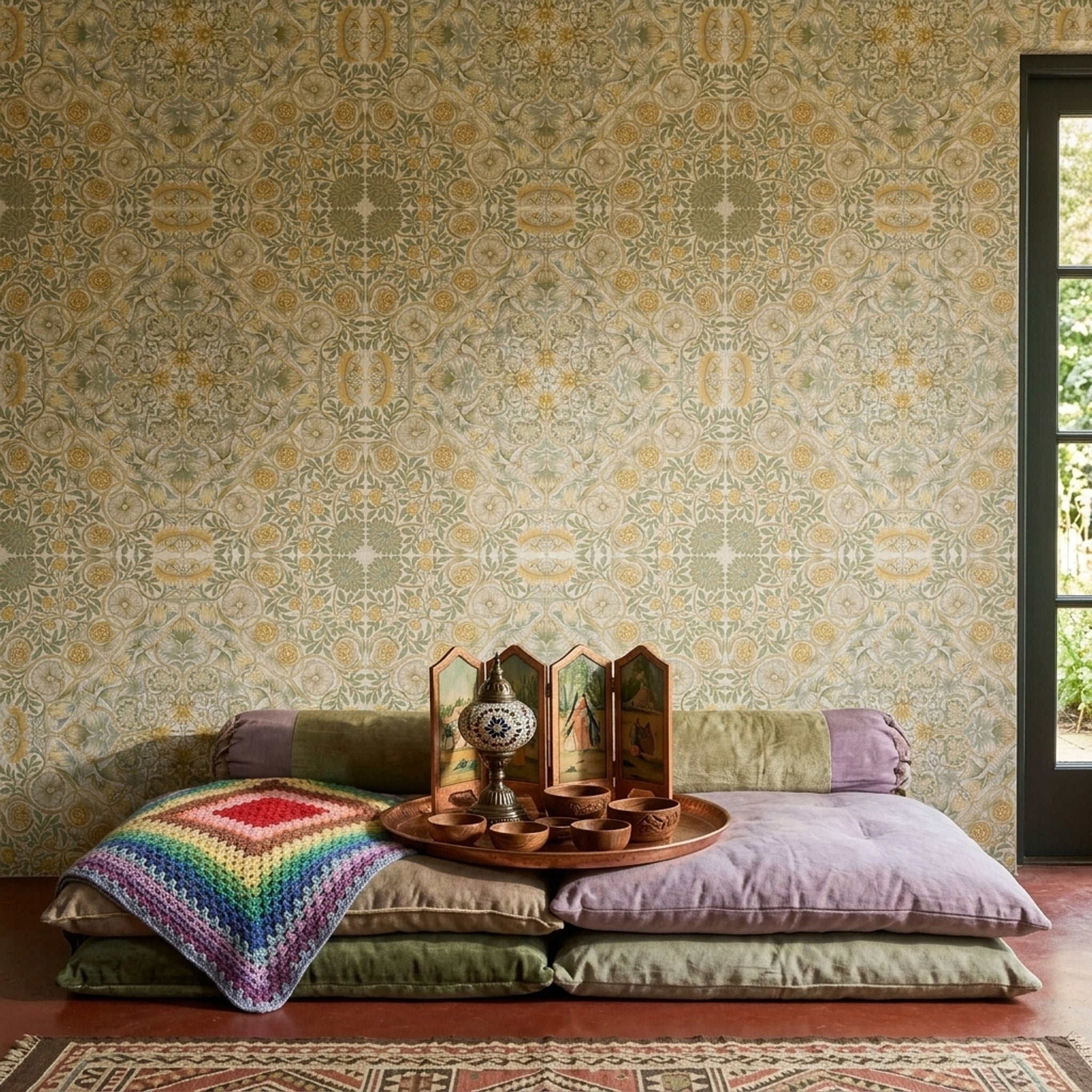 Vintage Damask Duvar Kağıdı Bej Altın Klasik Yatak Odası
