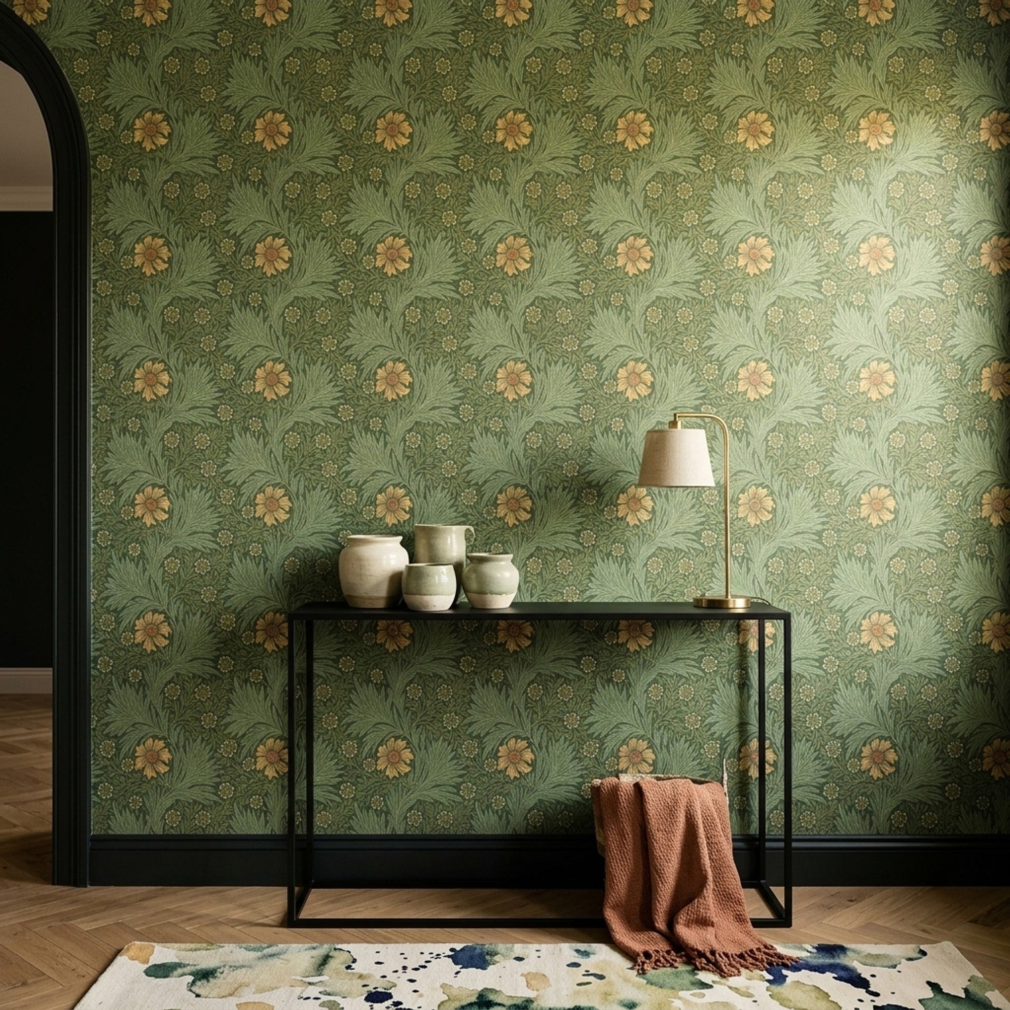 Vintage Çiçekli Duvar Kağıdı Yeşil Yaprak Desenli Salon
