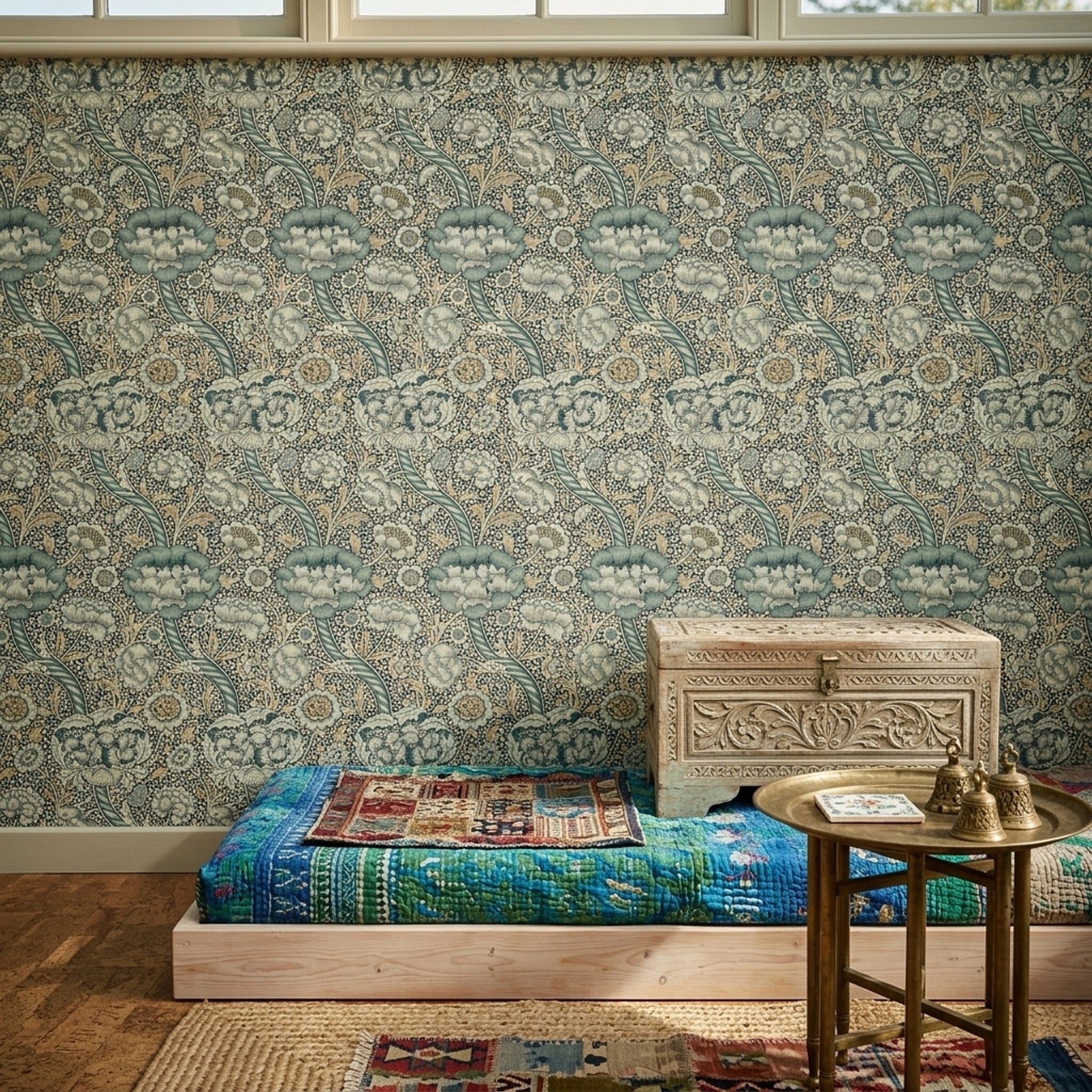Art Nouveau Çiçek Desenli Duvar Kağıdı Yeşil Krem Salon