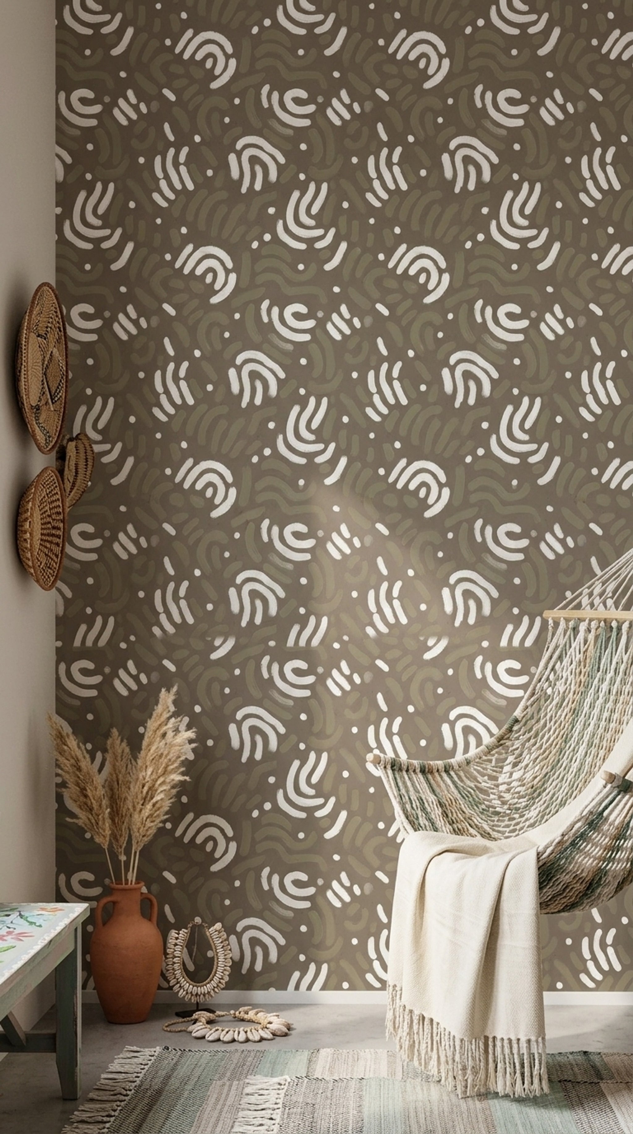 Soyut Desenli Duvar Kağıdı Kahverengi Beyaz Modern Salon