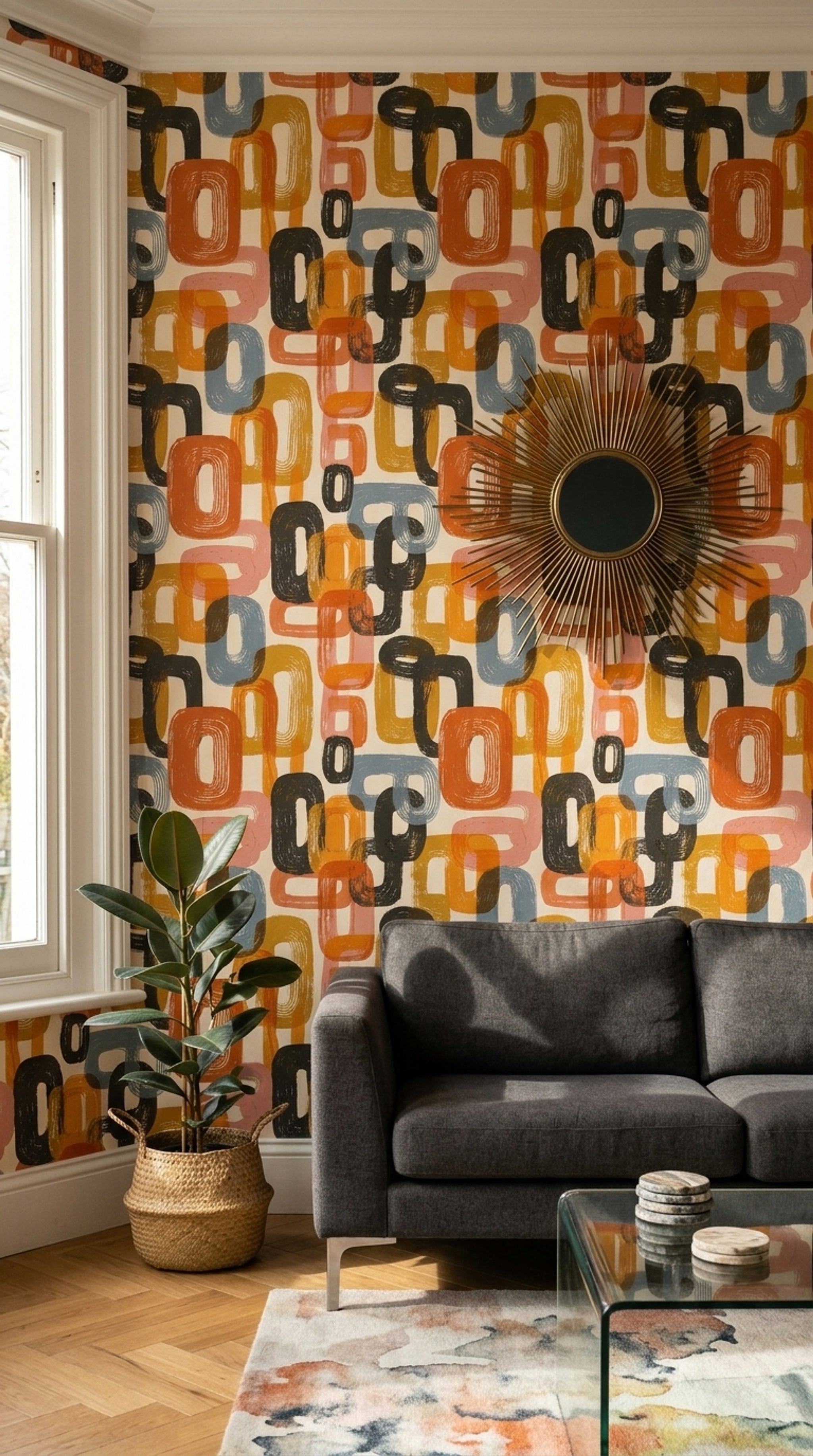Retro Geometrik Duvar Kağıdı Turuncu Hardal Desenli Salon
