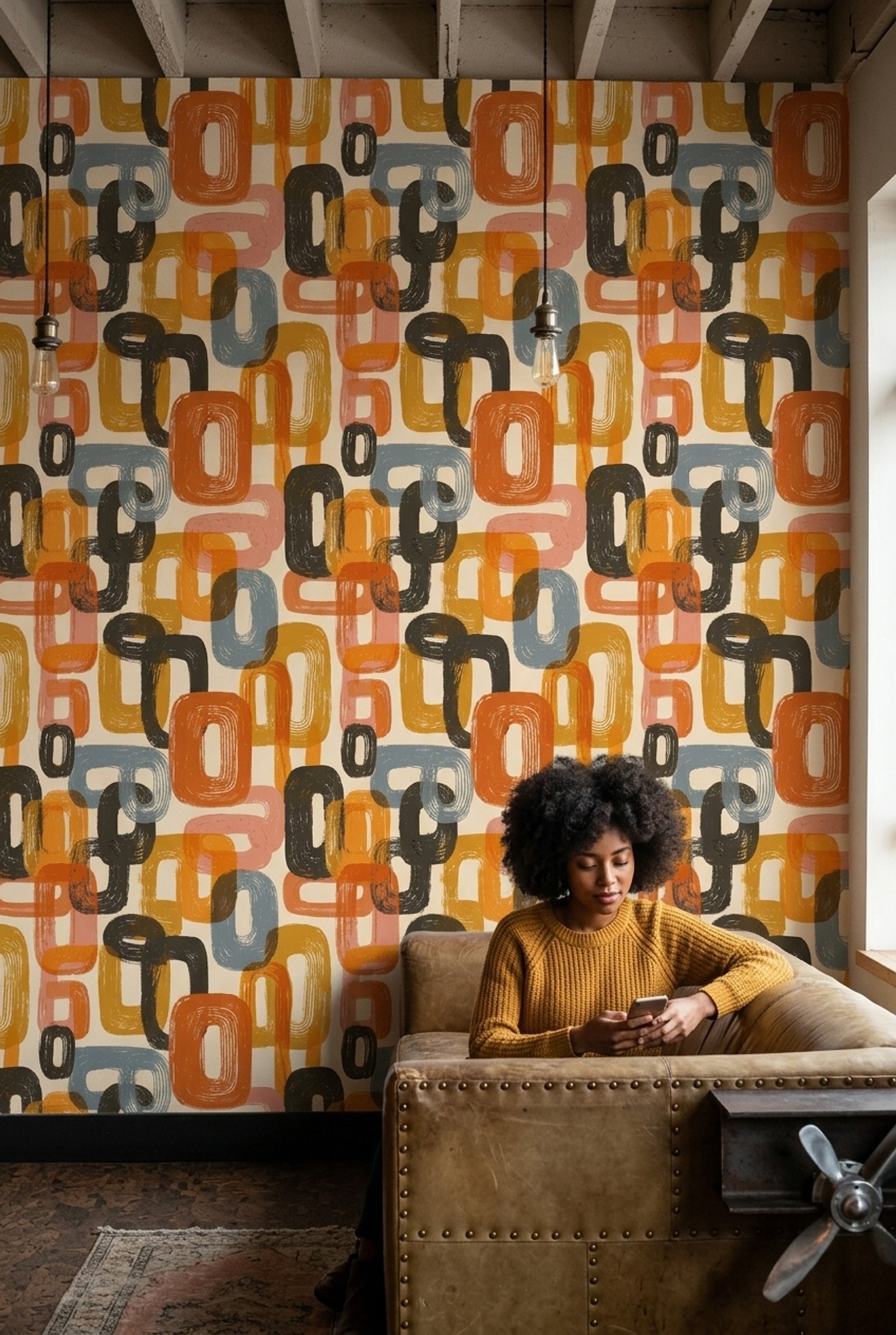Retro Geometrik Duvar Kağıdı Turuncu Hardal Desenli Salon
