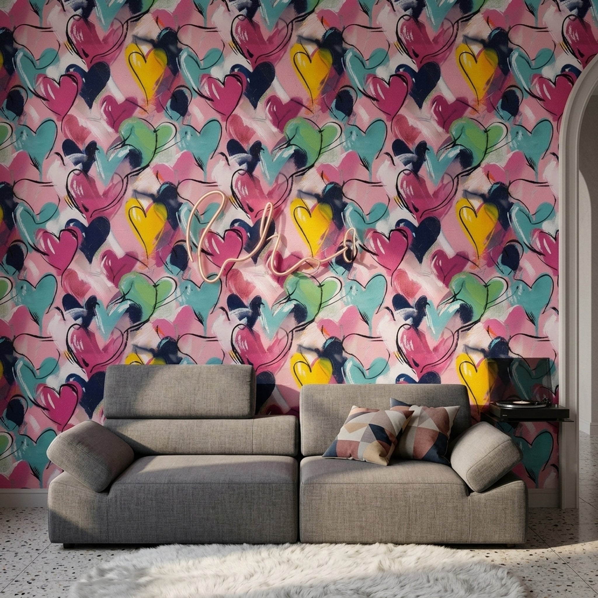 Renkli Kalp Desenli Duvar Kağıdı Modern Salon Dekoru