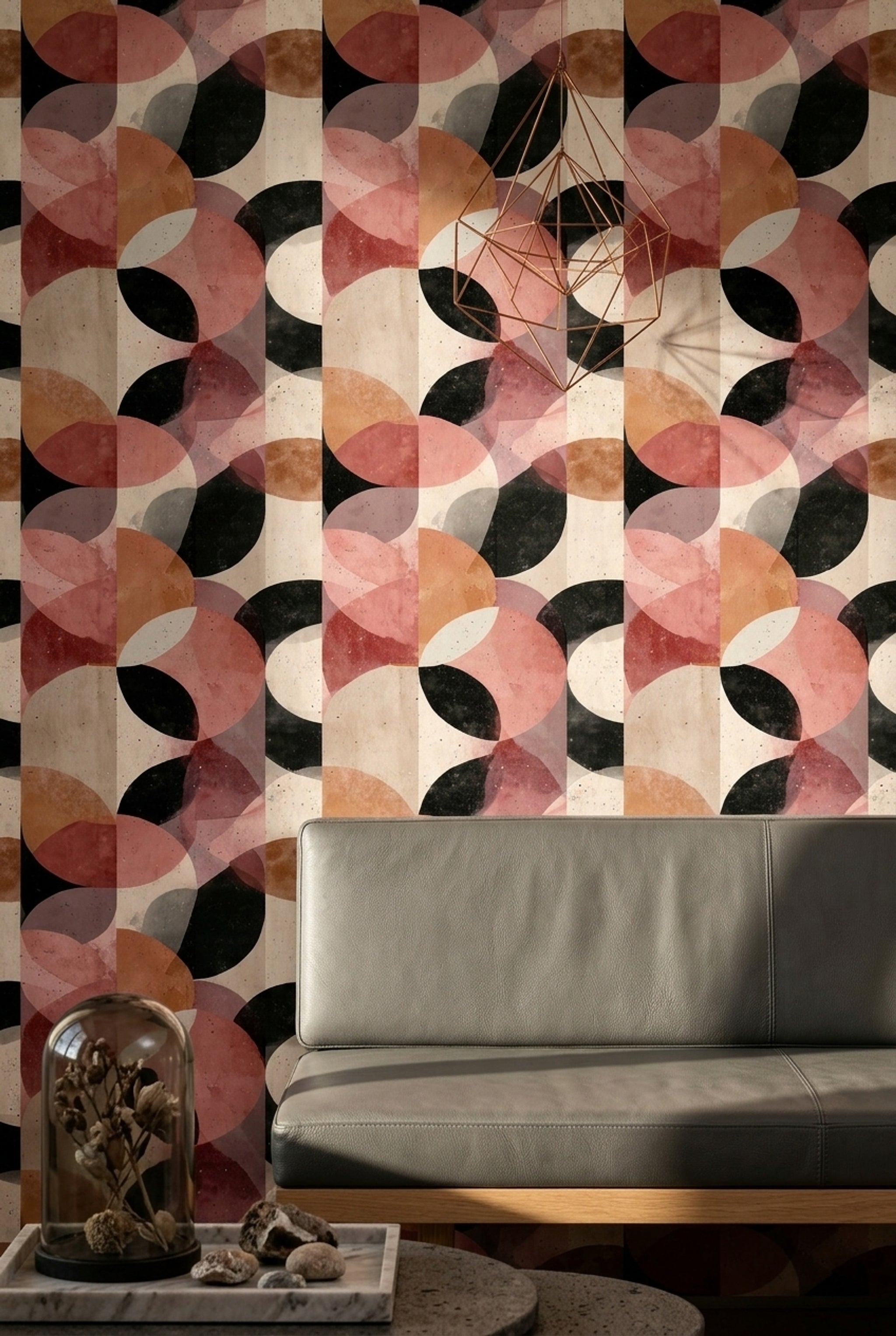 Retro Geometrik Duvar Kağıdı Somon Siyah Desenli Salon