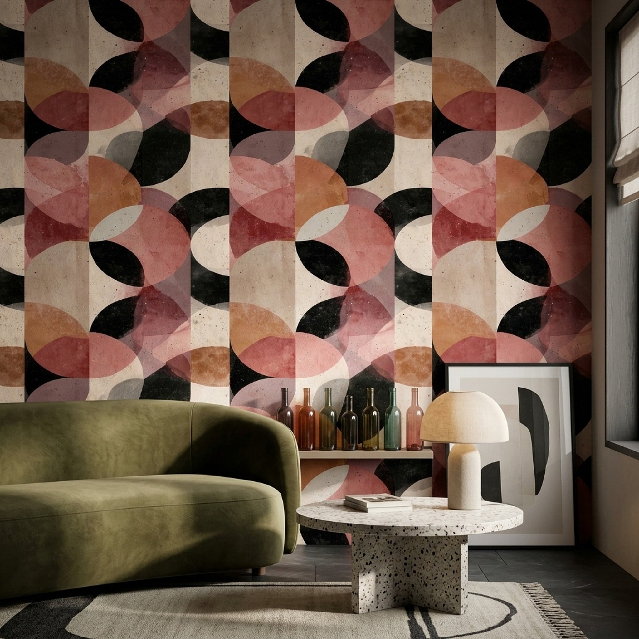Retro Geometrik Duvar Kağıdı Somon Siyah Desenli Salon