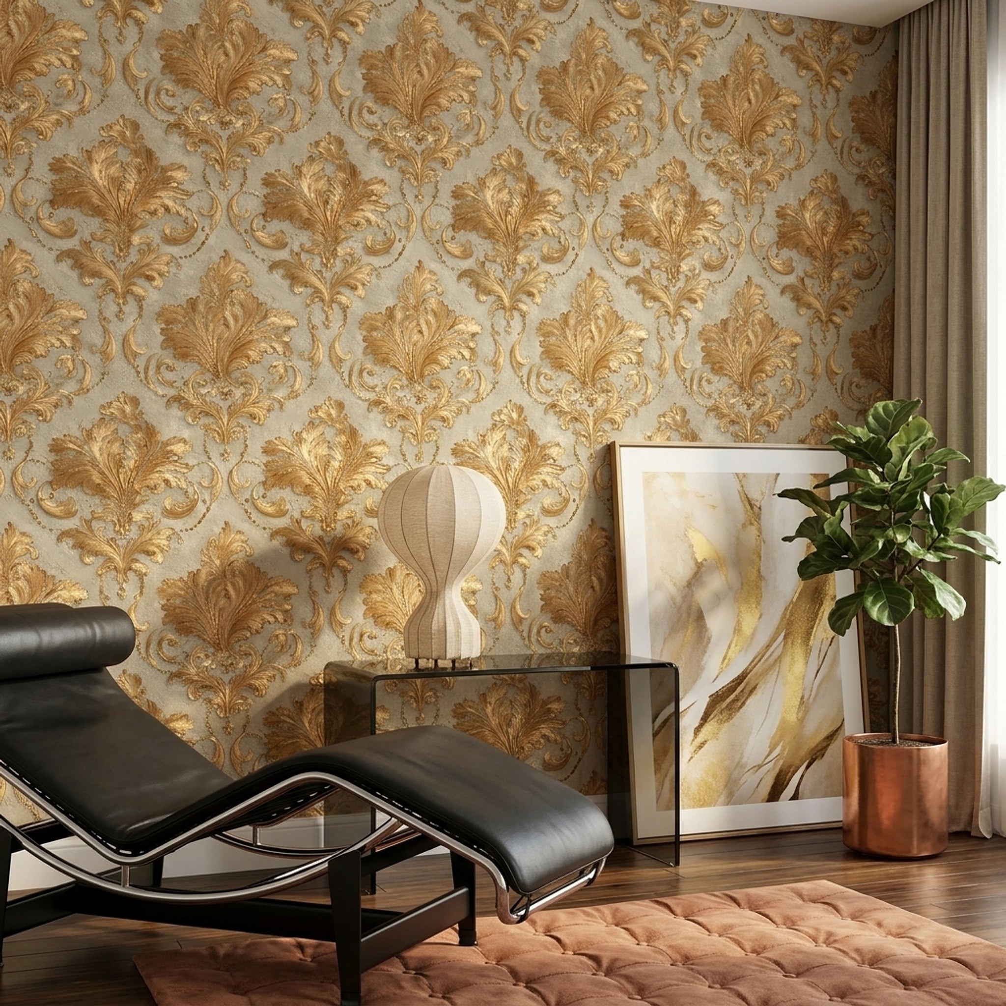 Altın Damask Desenli Duvar Kağıdı Klasik Bej Duvar Dekoru