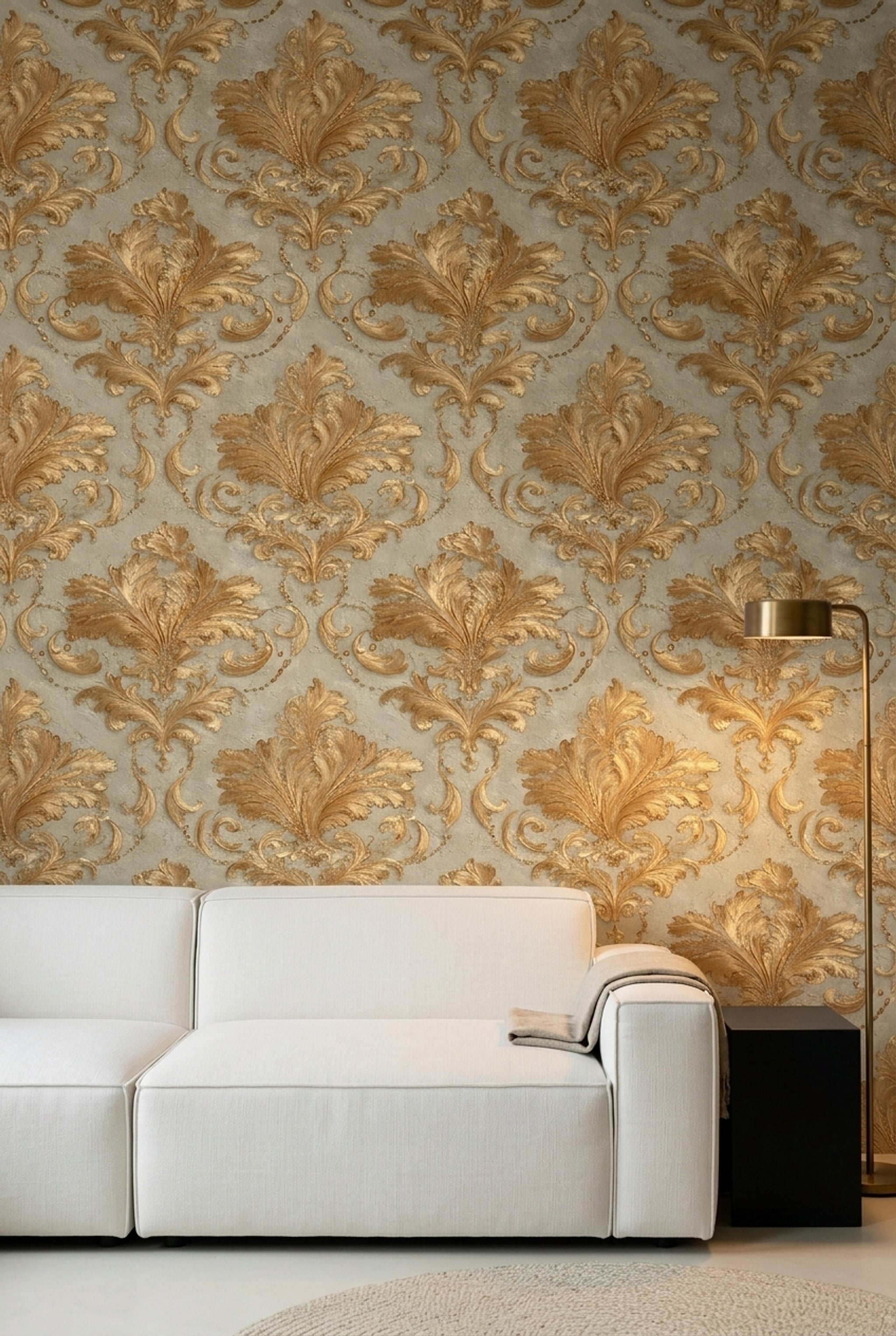 Altın Damask Desenli Duvar Kağıdı Klasik Bej Duvar Dekoru