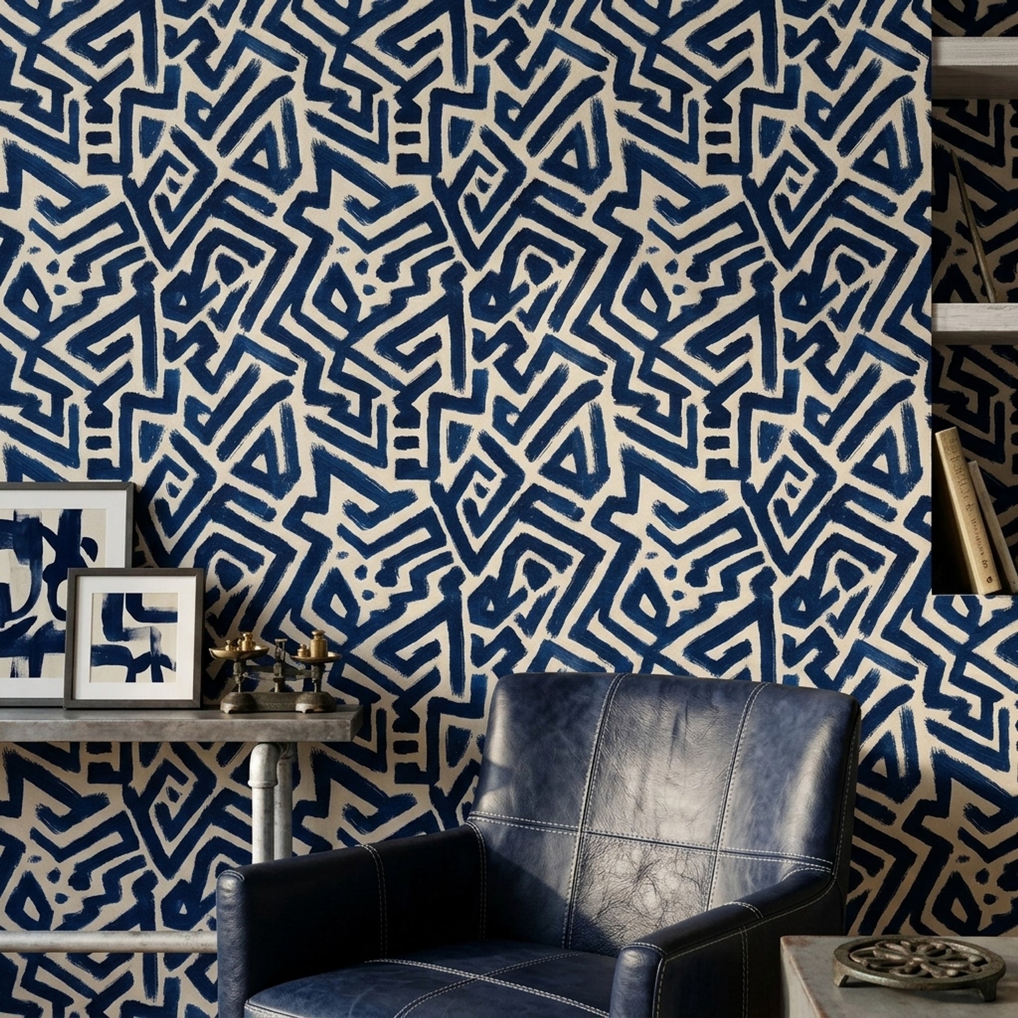 Lacivert Beyaz Soyut Geometrik Duvar Kağıdı Modern Salon