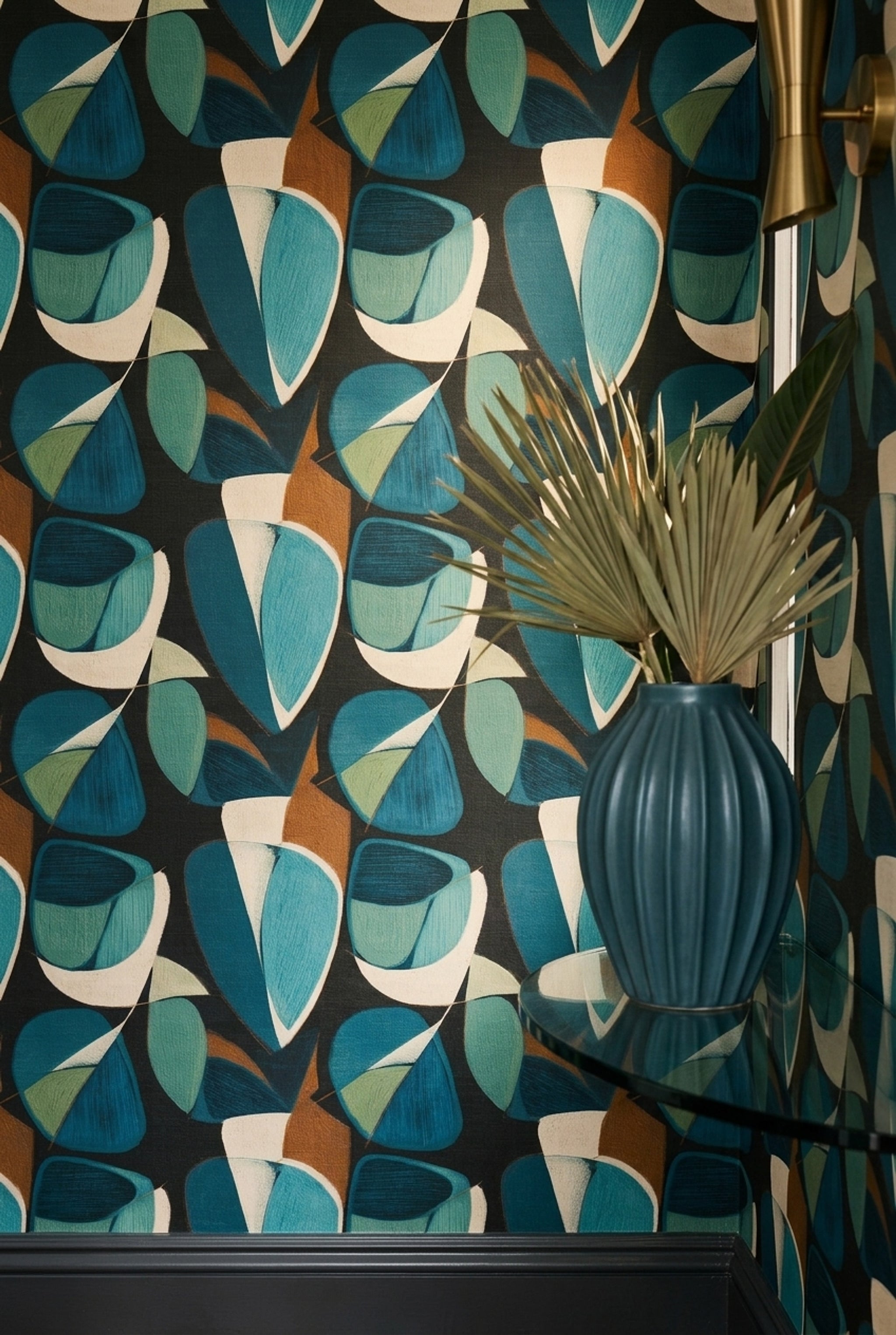 Geometrik Desenli Duvar Kağıdı Lacivert Turkuaz Modern Salon