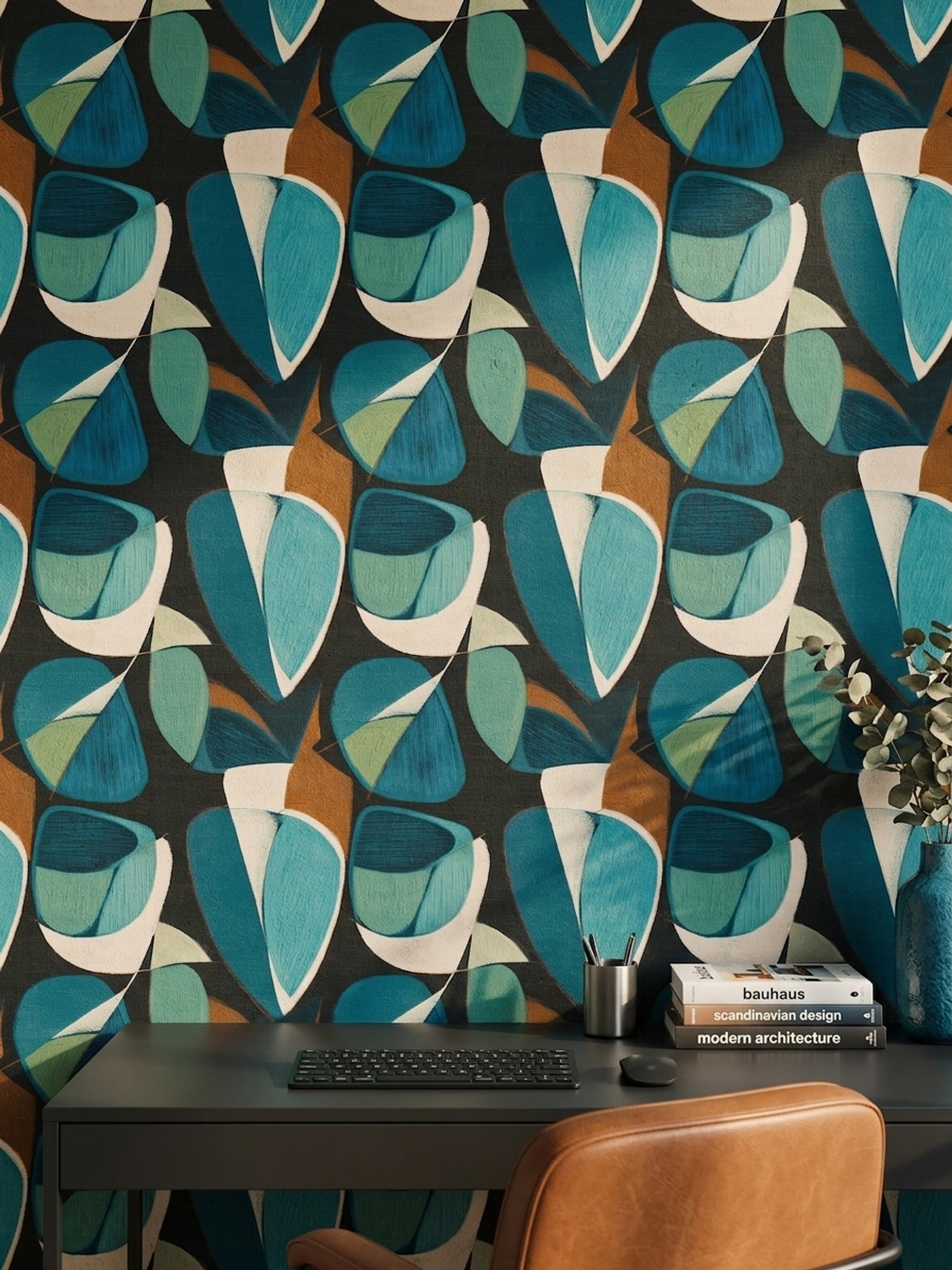 Geometrik Desenli Duvar Kağıdı Lacivert Turkuaz Modern Salon