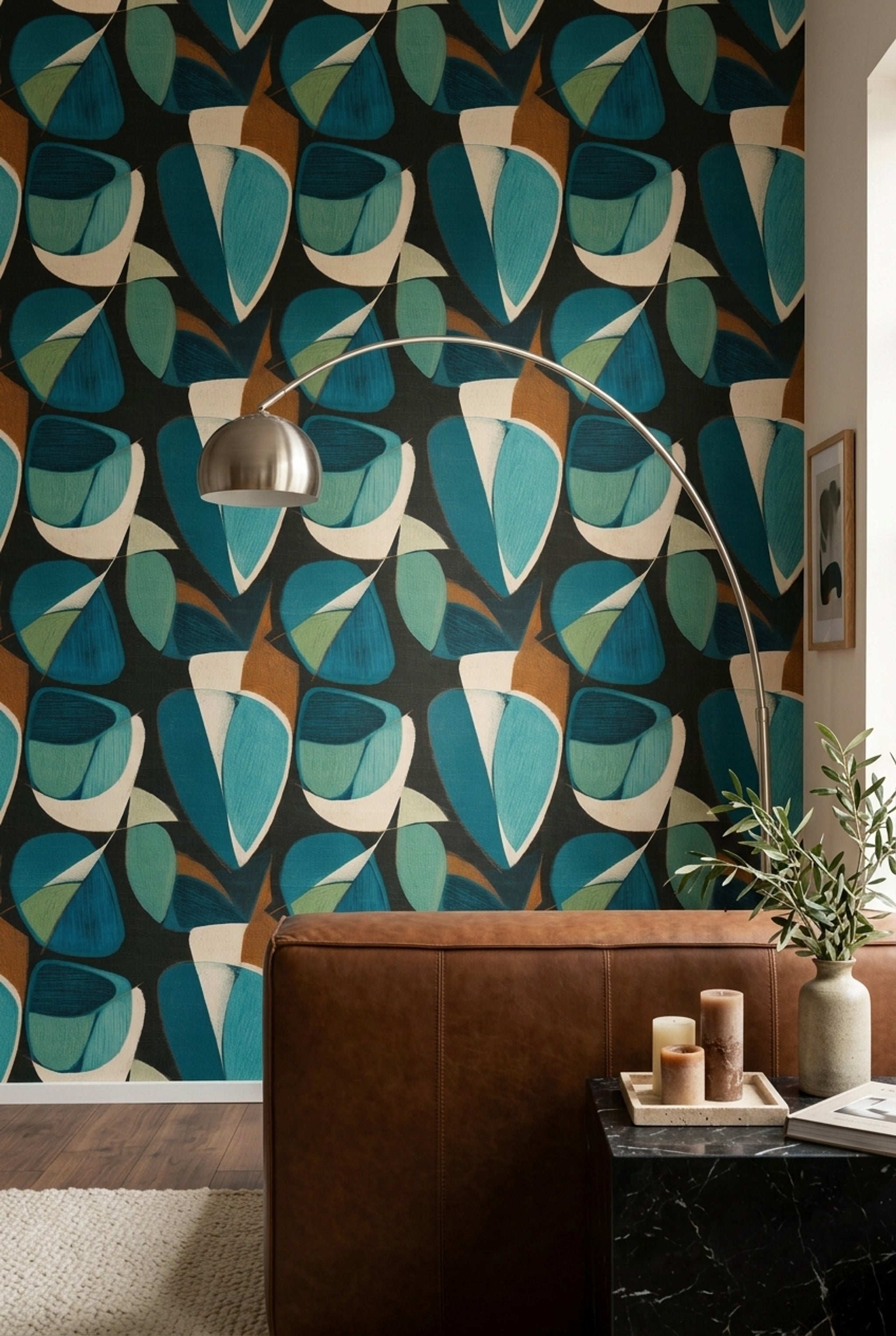 Geometrik Desenli Duvar Kağıdı Lacivert Turkuaz Modern Salon