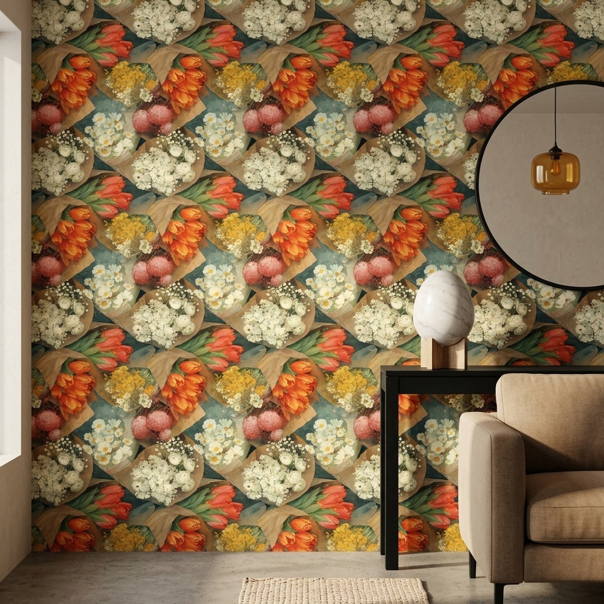 Buket Çiçek Desenli Duvar Kağıdı Bej Tonlu Salon