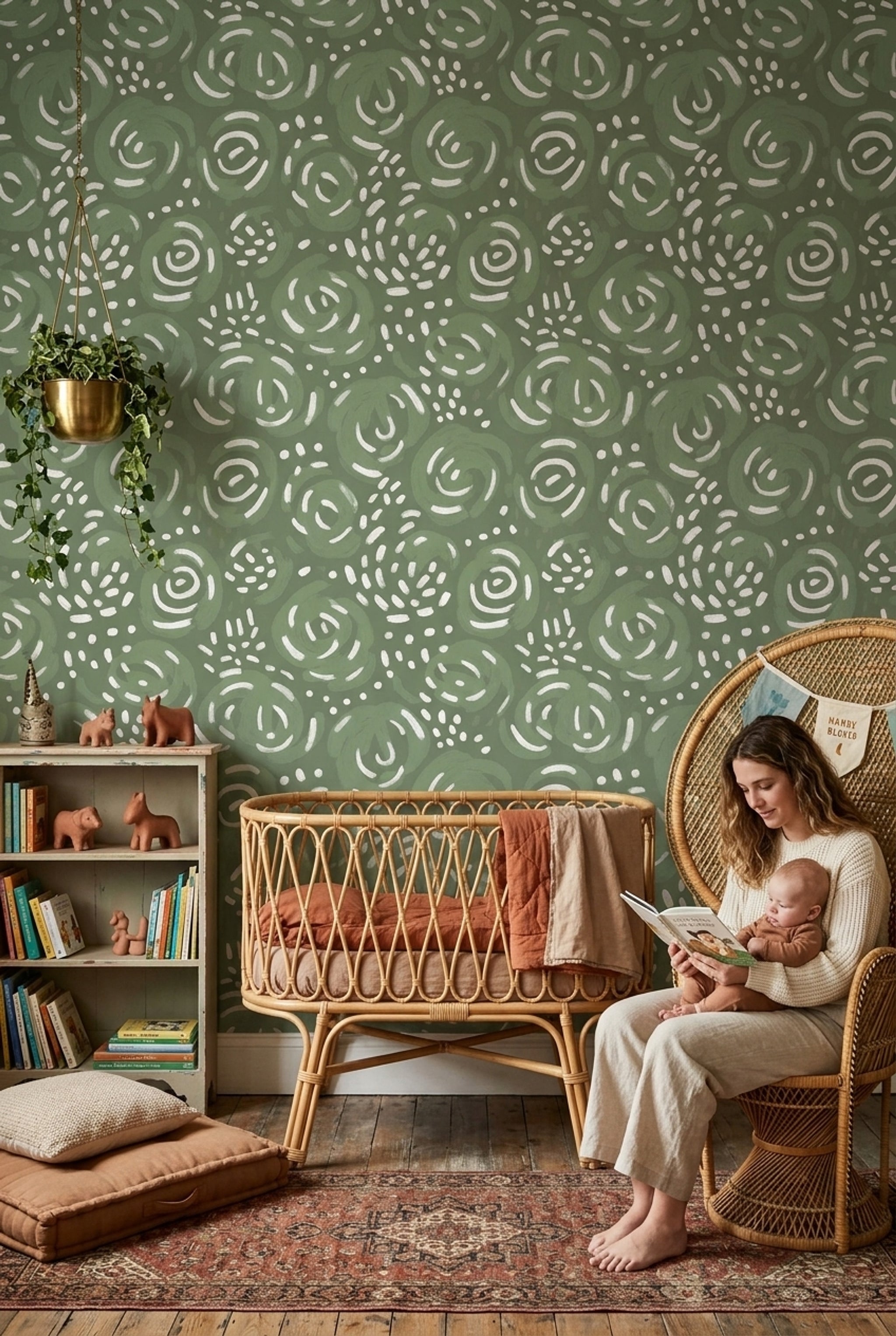 Yeşil Soyut Çizgili Duvar Kağıdı Modern Salon Duvarı