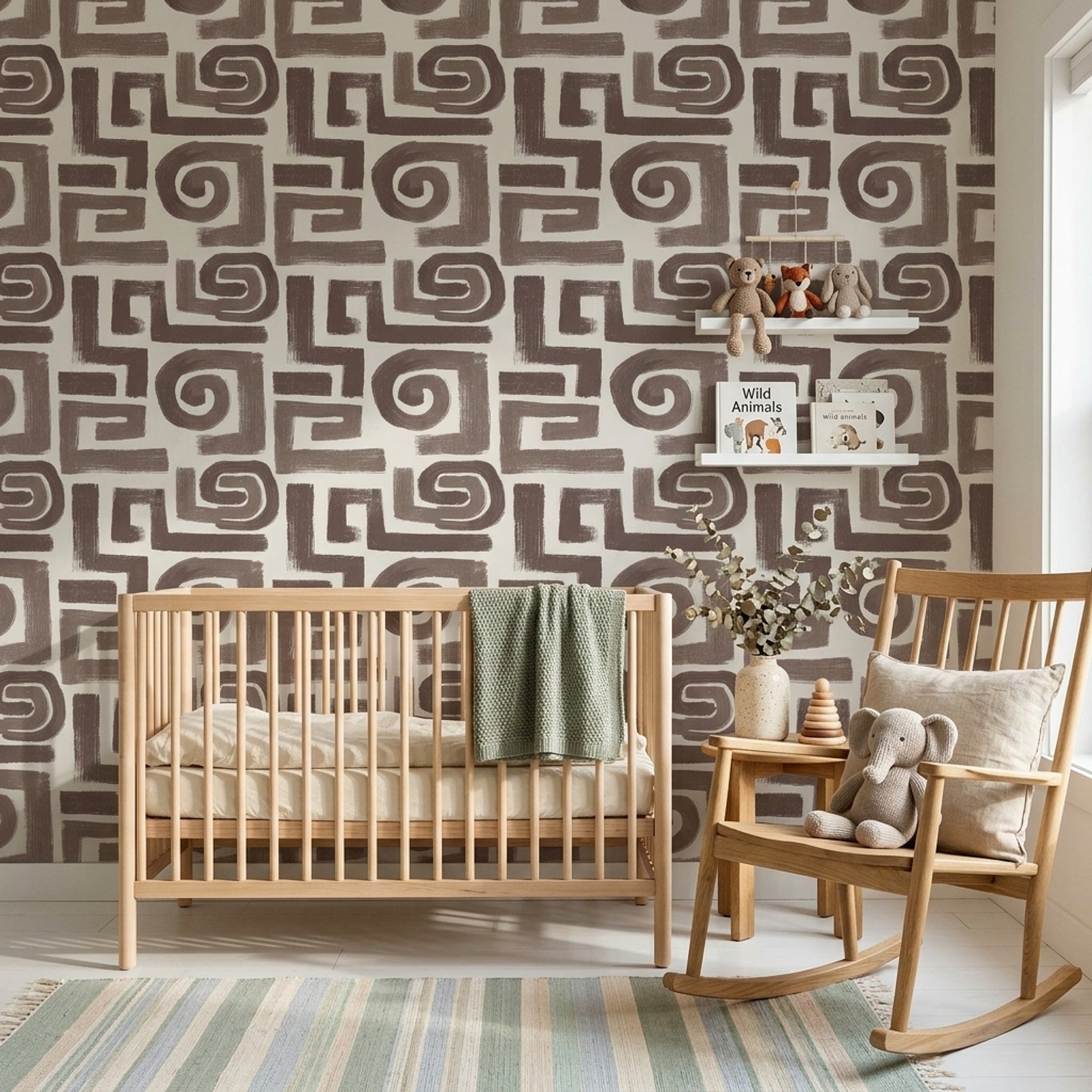 Geometrik Labirent Desenli Duvar Kağıdı Kahverengi Modern Salon