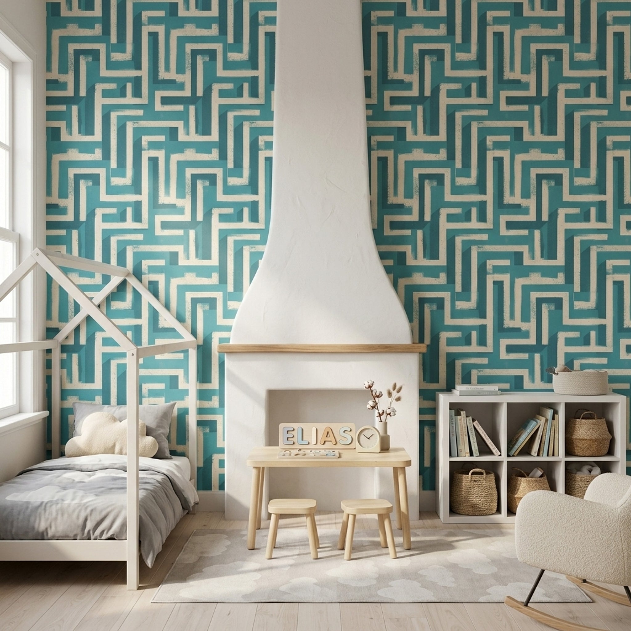 Geometrik Labirent Desenli Duvar Kağıdı Turkuaz Salon Dekoru