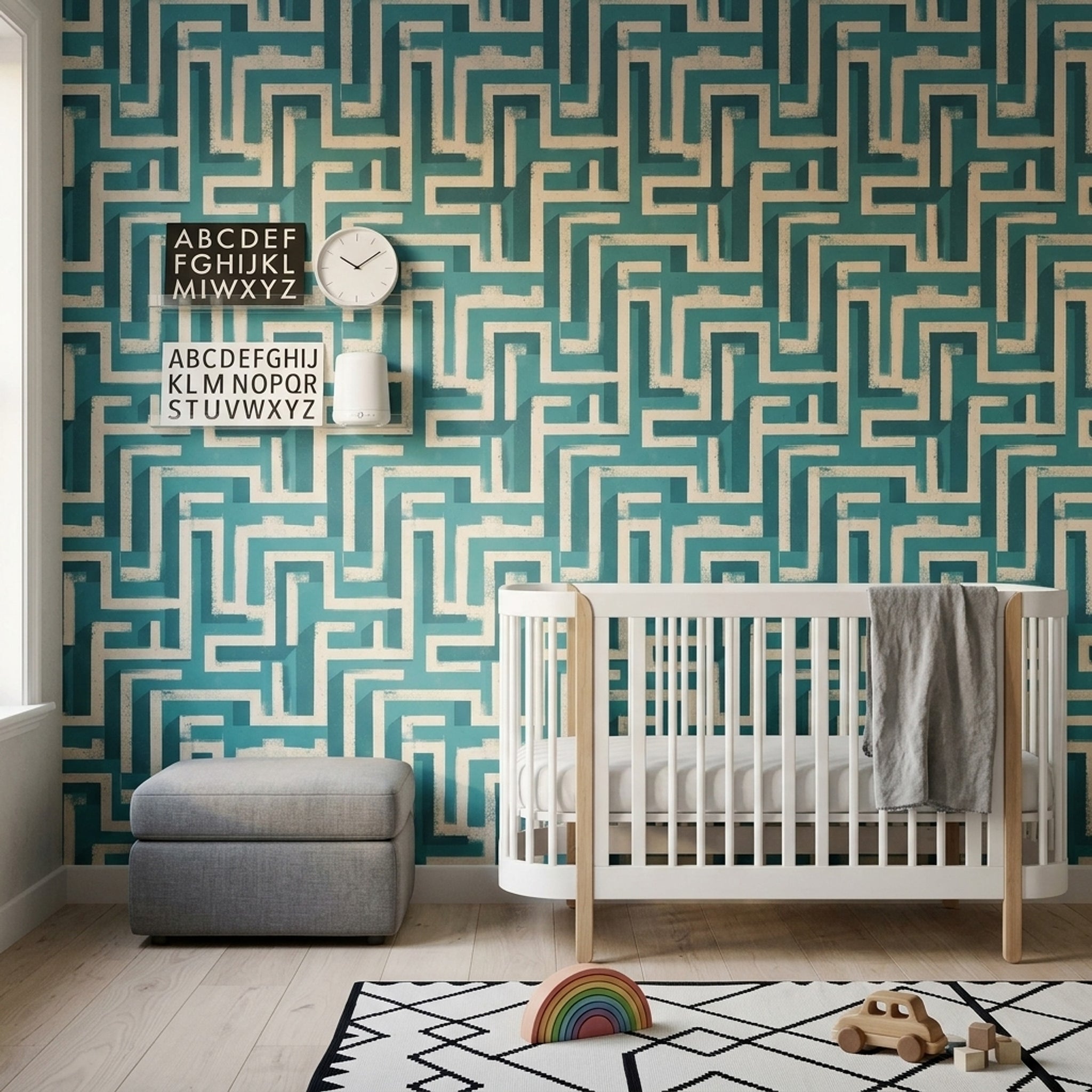 Geometrik Labirent Desenli Duvar Kağıdı Turkuaz Salon Dekoru