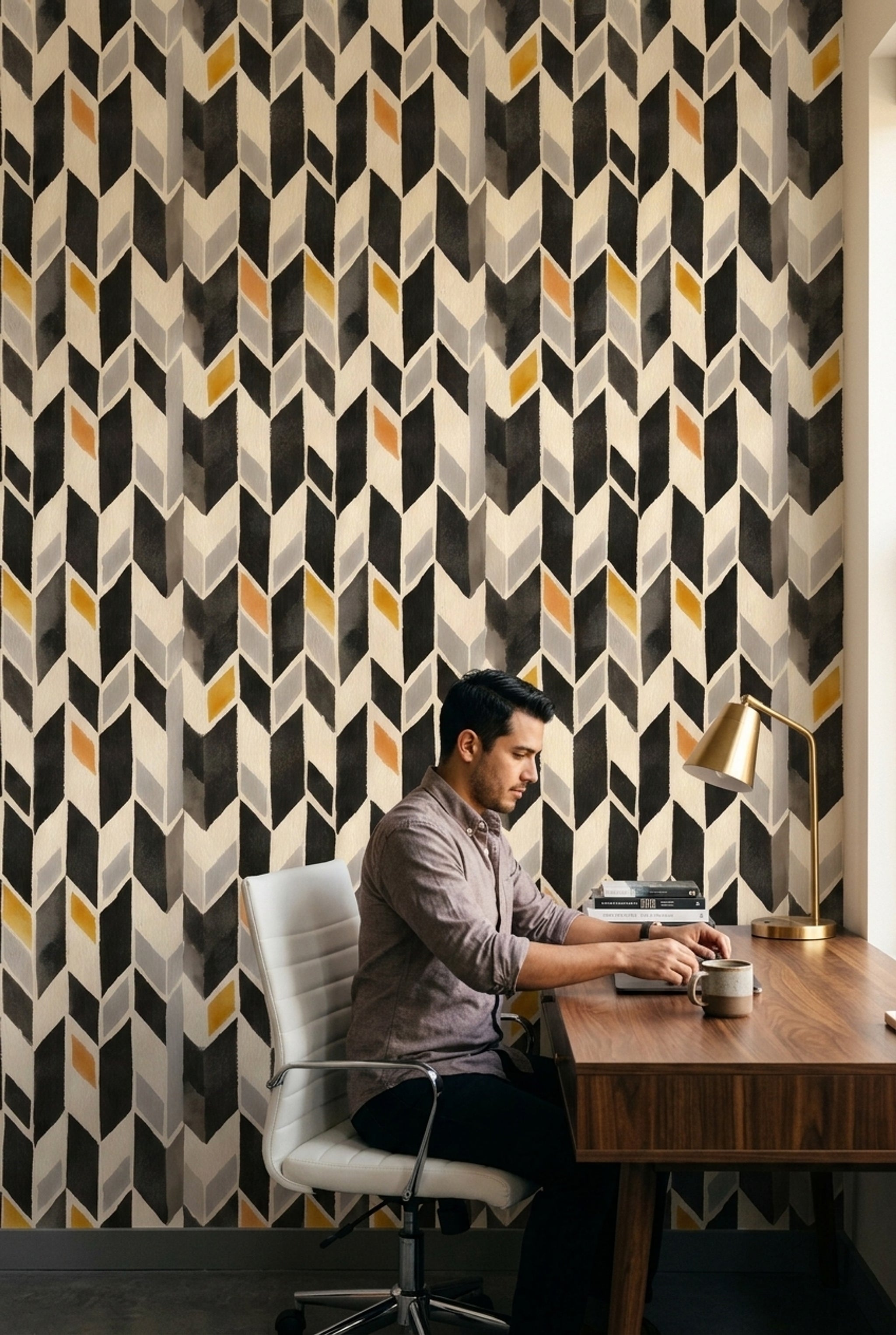 Geometrik Küp Desenli Duvar Kağıdı Siyah Sarı Salon