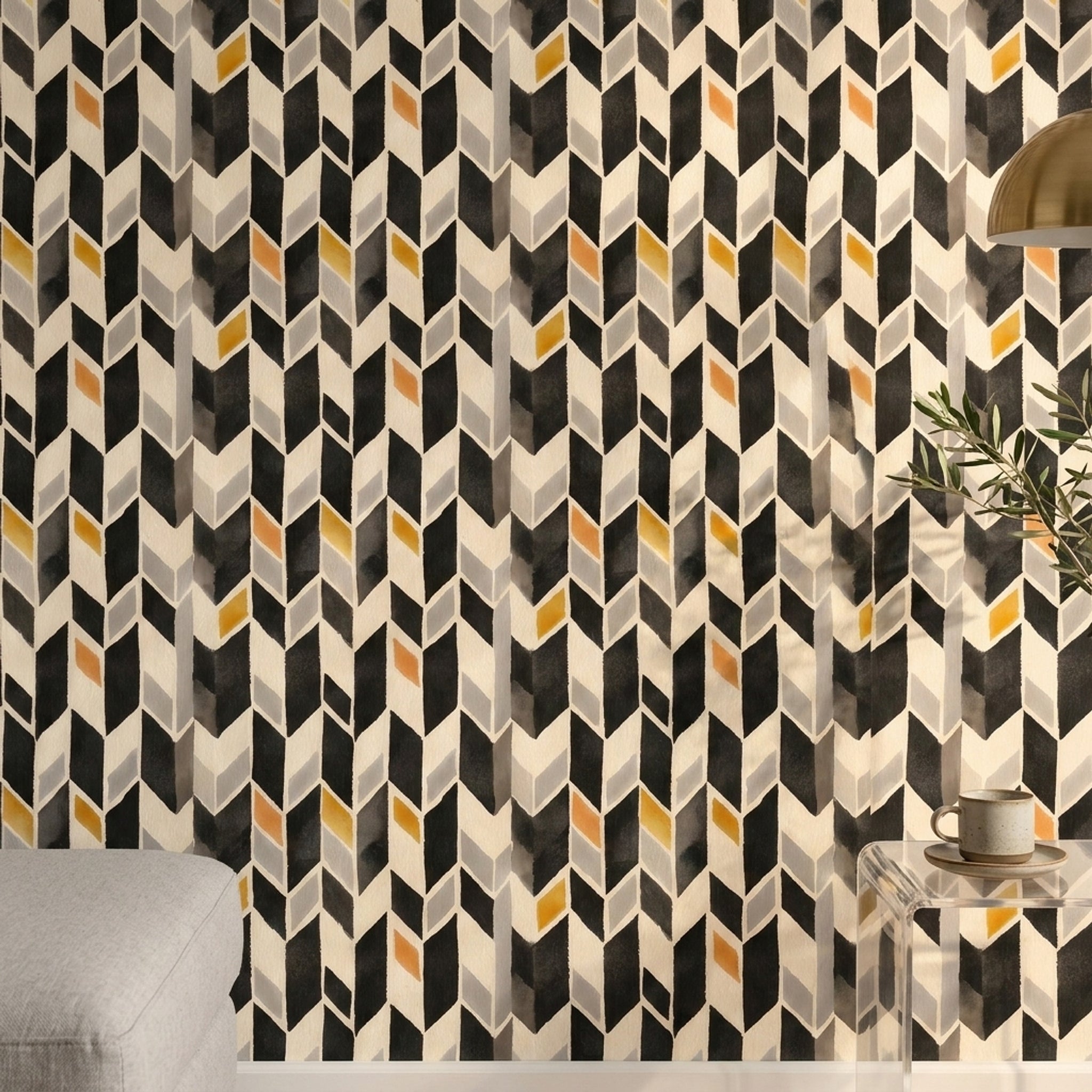 Geometrik Küp Desenli Duvar Kağıdı Siyah Sarı Salon