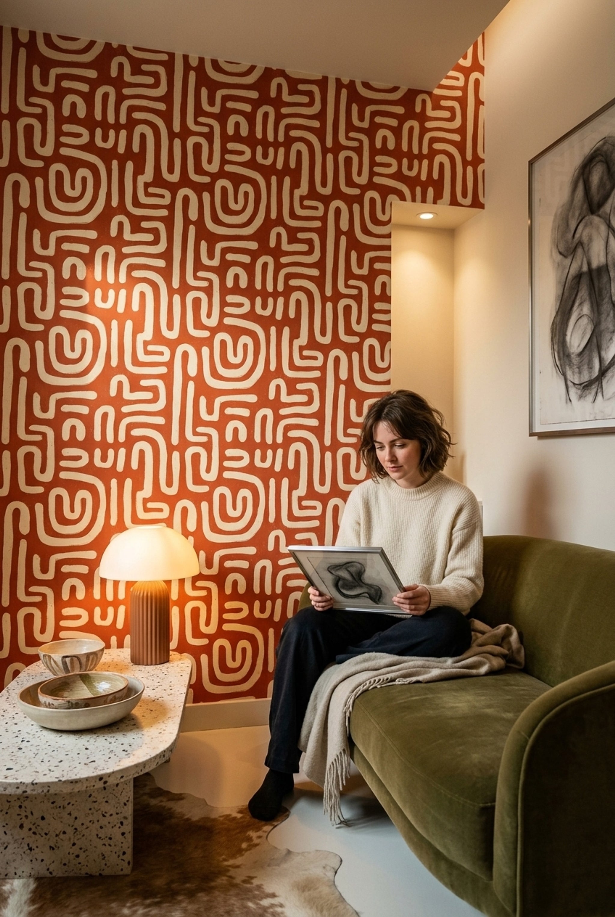 Kiremit Rengi Soyut Geometrik Duvar Kağıdı Modern Salon