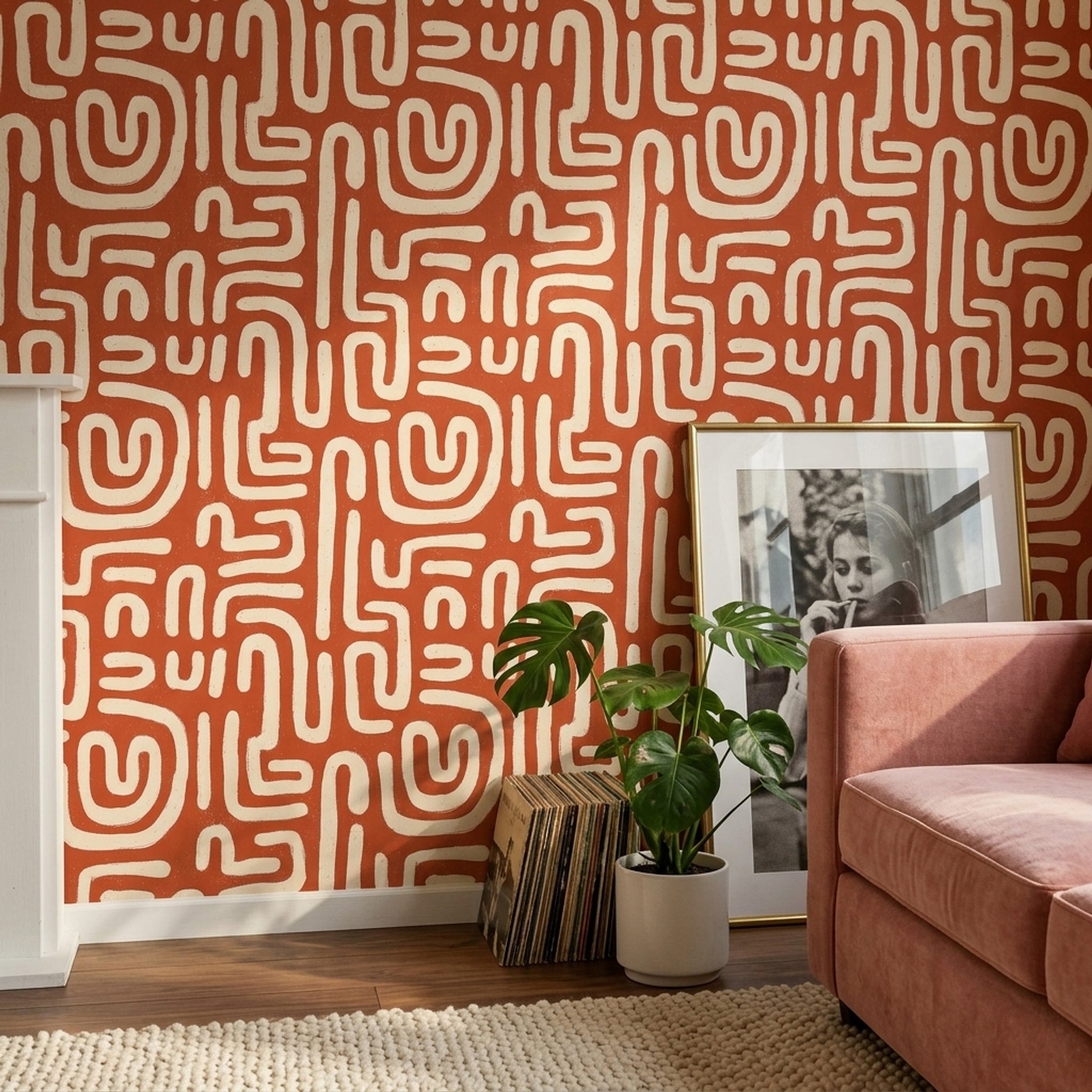 Kiremit Rengi Soyut Geometrik Duvar Kağıdı Modern Salon