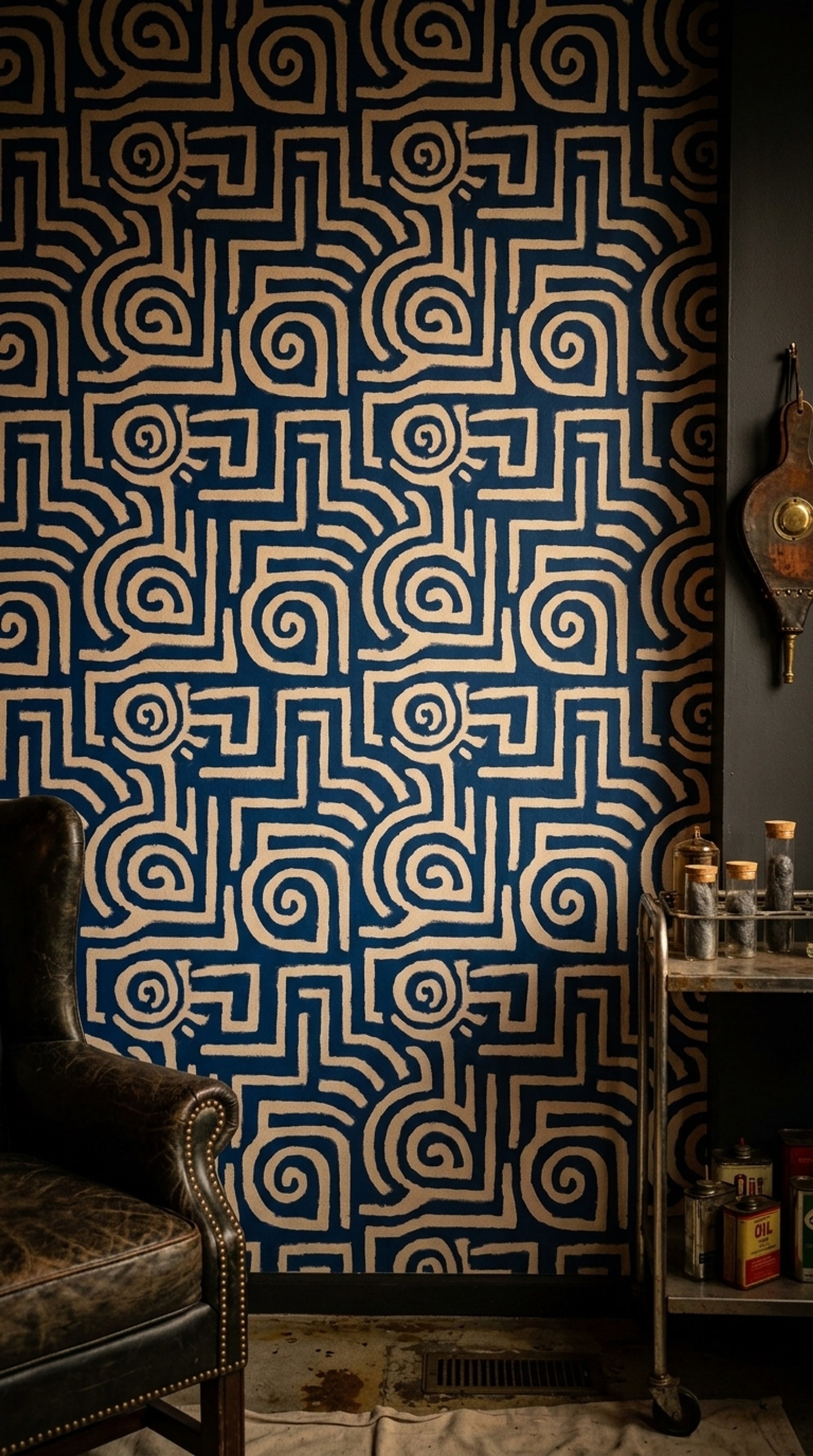 Lacivert Krem Geometrik Labirent Duvar Kağıdı Modern Salon