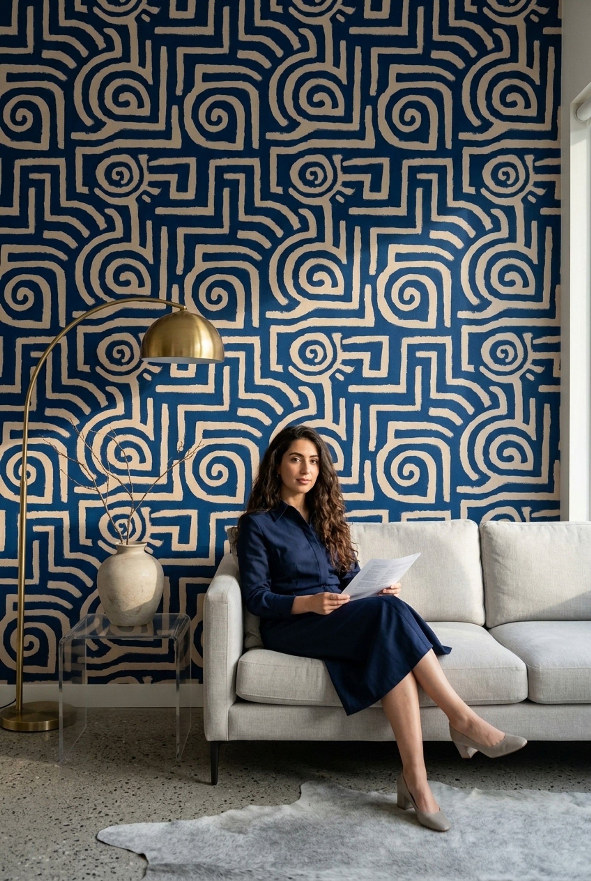 Lacivert Krem Geometrik Labirent Duvar Kağıdı Modern Salon