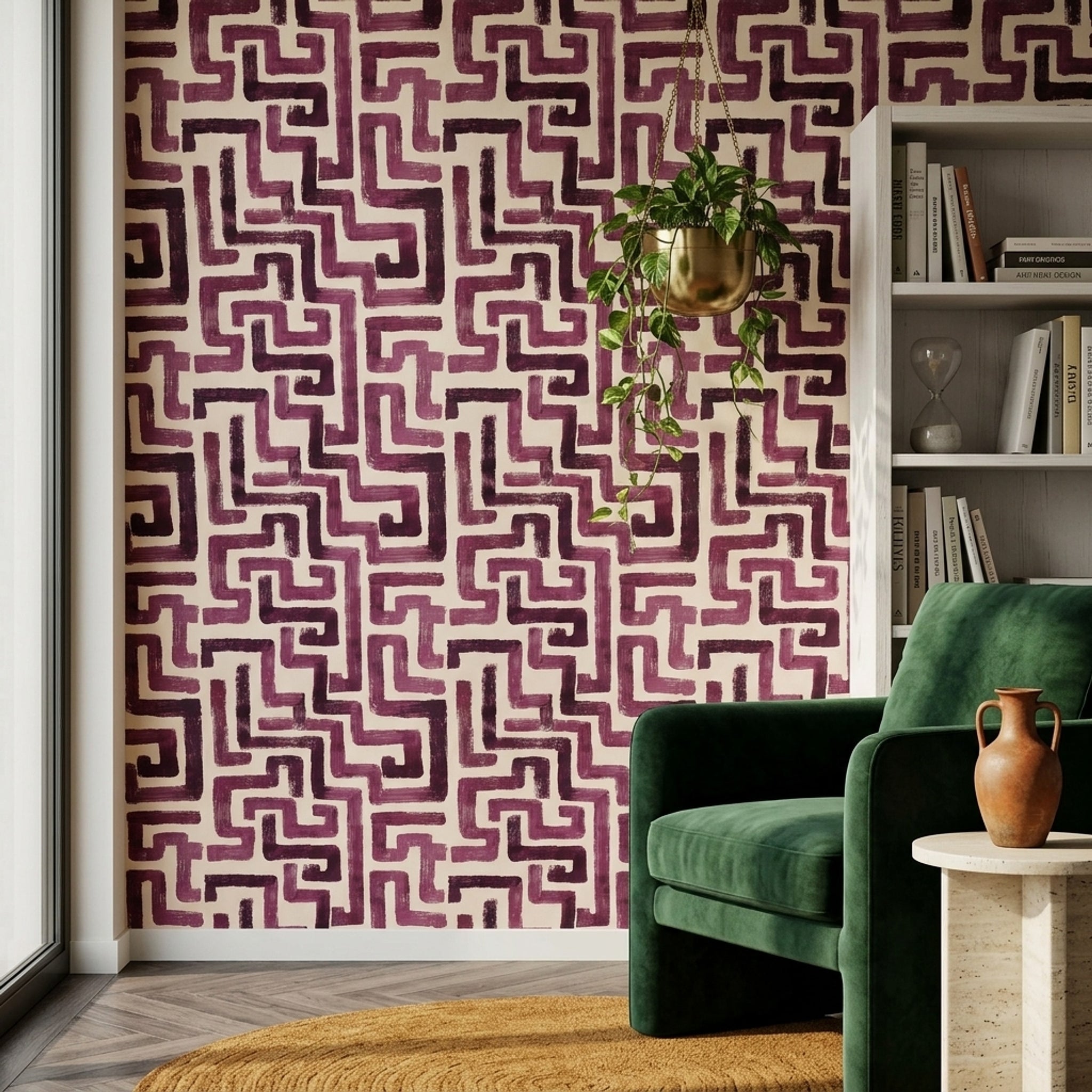 Bordo Geometrik Labirent Desenli Duvar Kağıdı Modern Salon