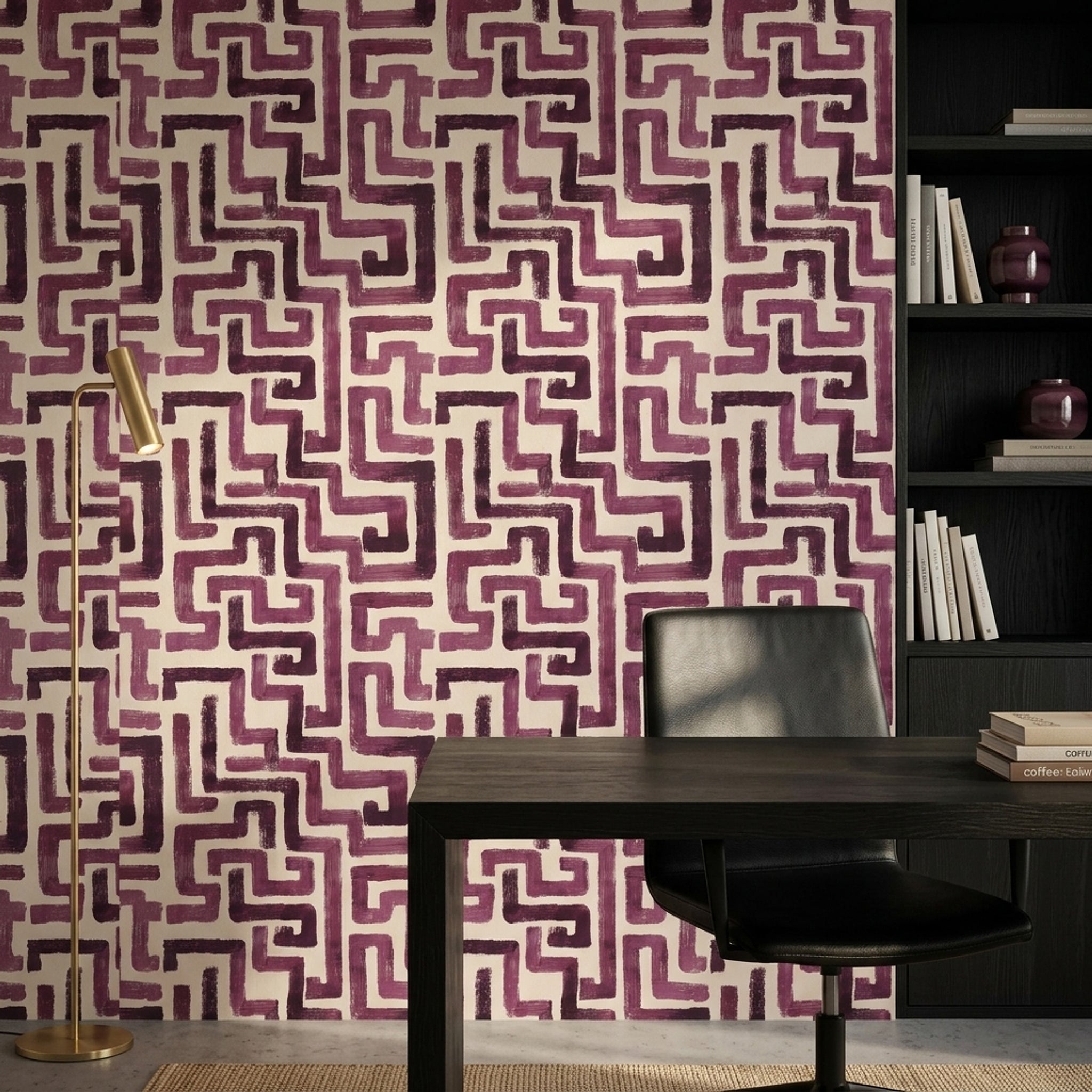 Bordo Geometrik Labirent Desenli Duvar Kağıdı Modern Salon