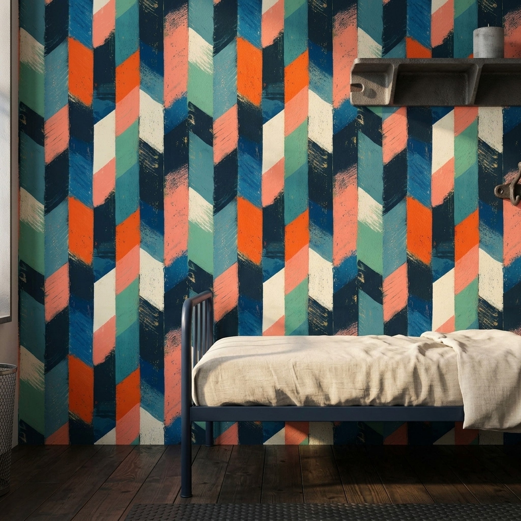 Geometrik Desenli Duvar Kağıdı Lacivert Turuncu Modern Salon