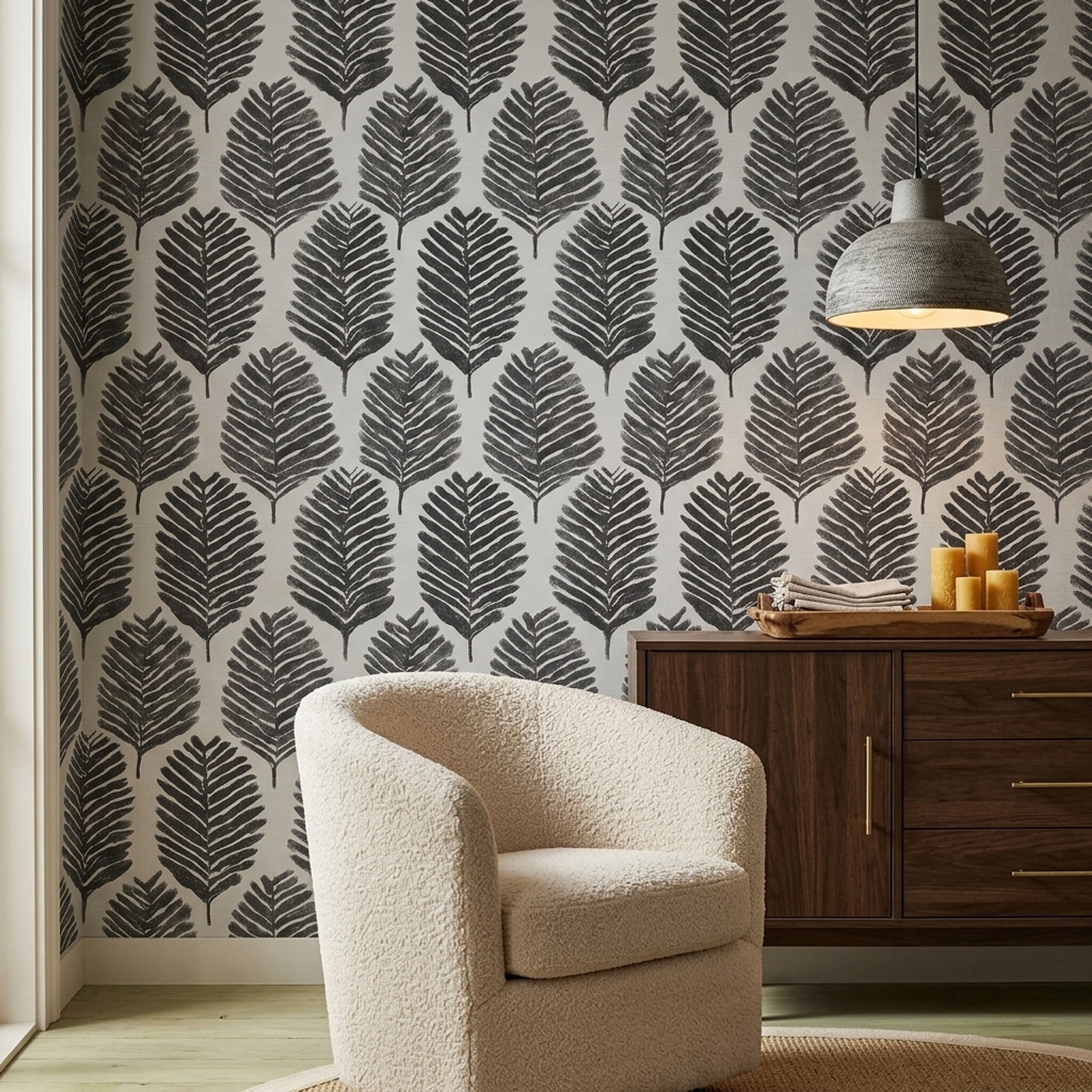 Siyah Yaprak Desenli Duvar Kağıdı Modern Salon Dekoru