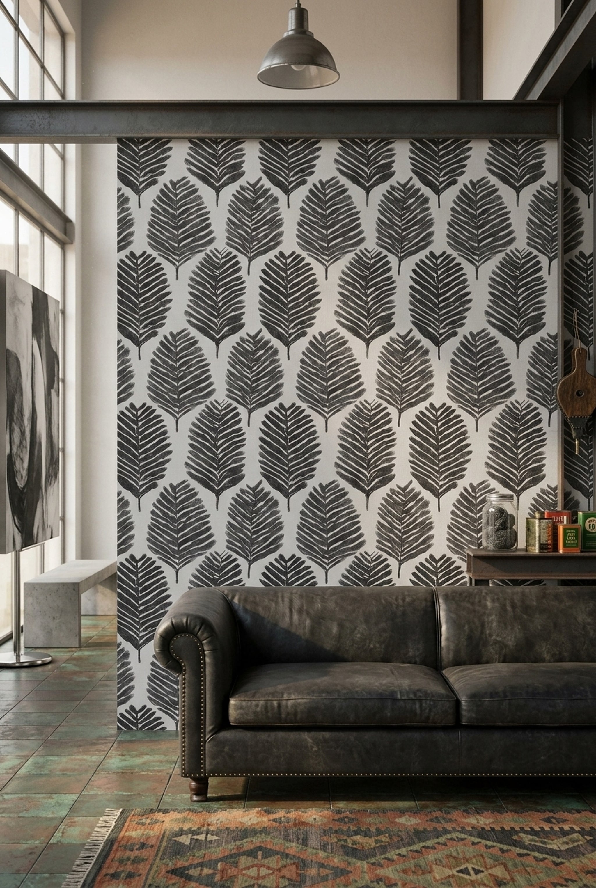 Siyah Yaprak Desenli Duvar Kağıdı Modern Salon Dekoru