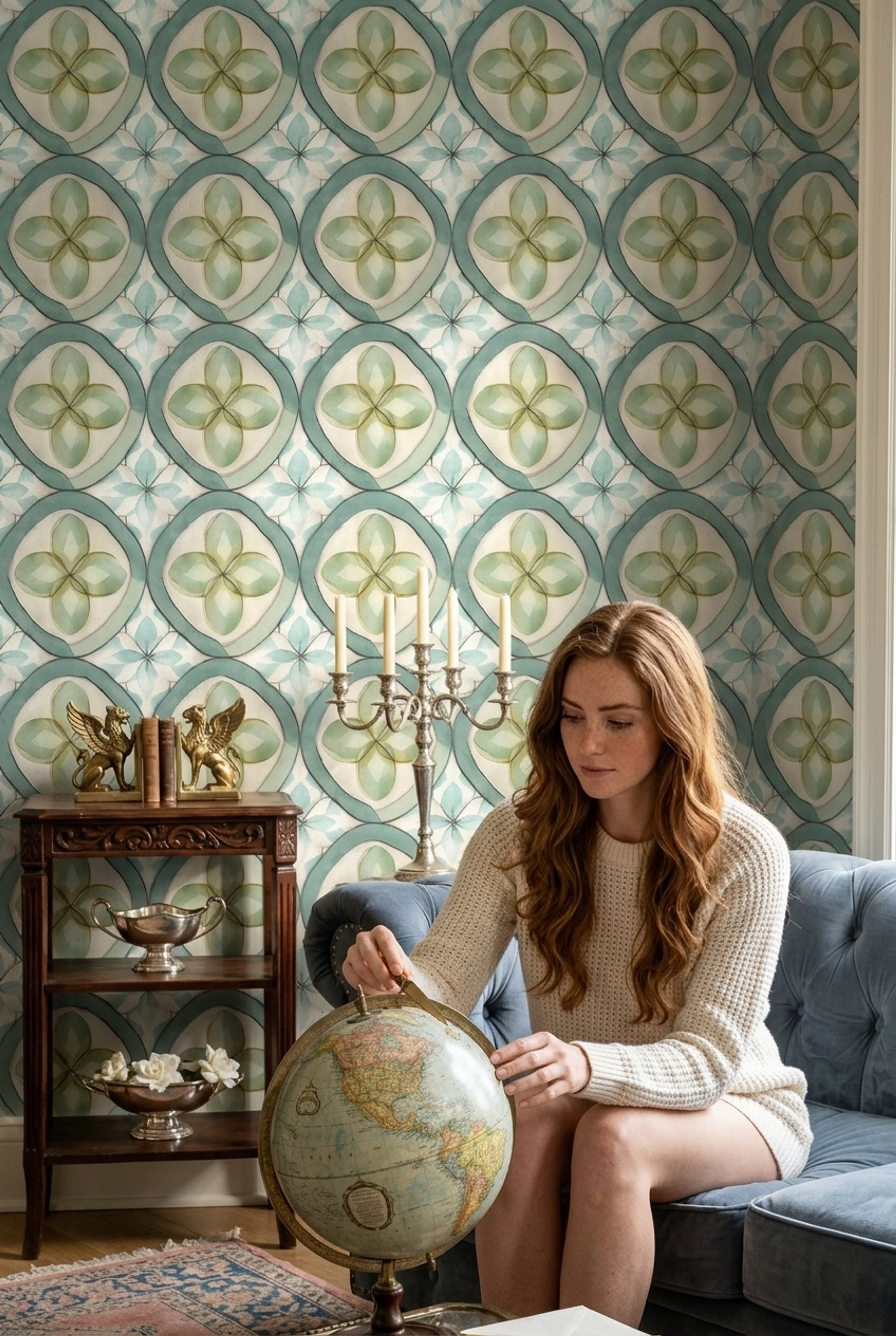 Geometrik Çini Desenli Duvar Kağıdı Yeşil Salon Duvarı