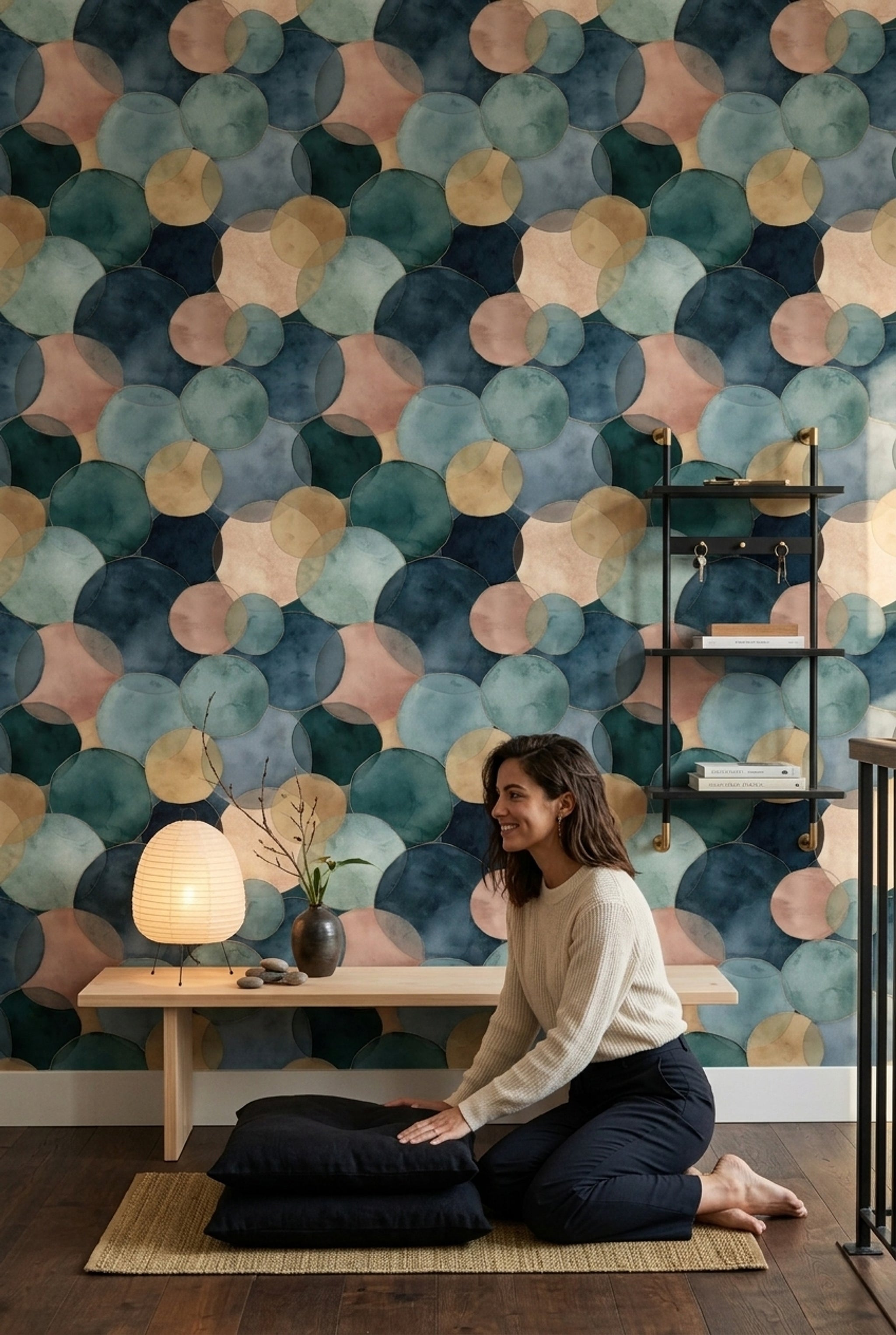 Daire Desenli Duvar Kağıdı Mavi Yeşil Modern Salon