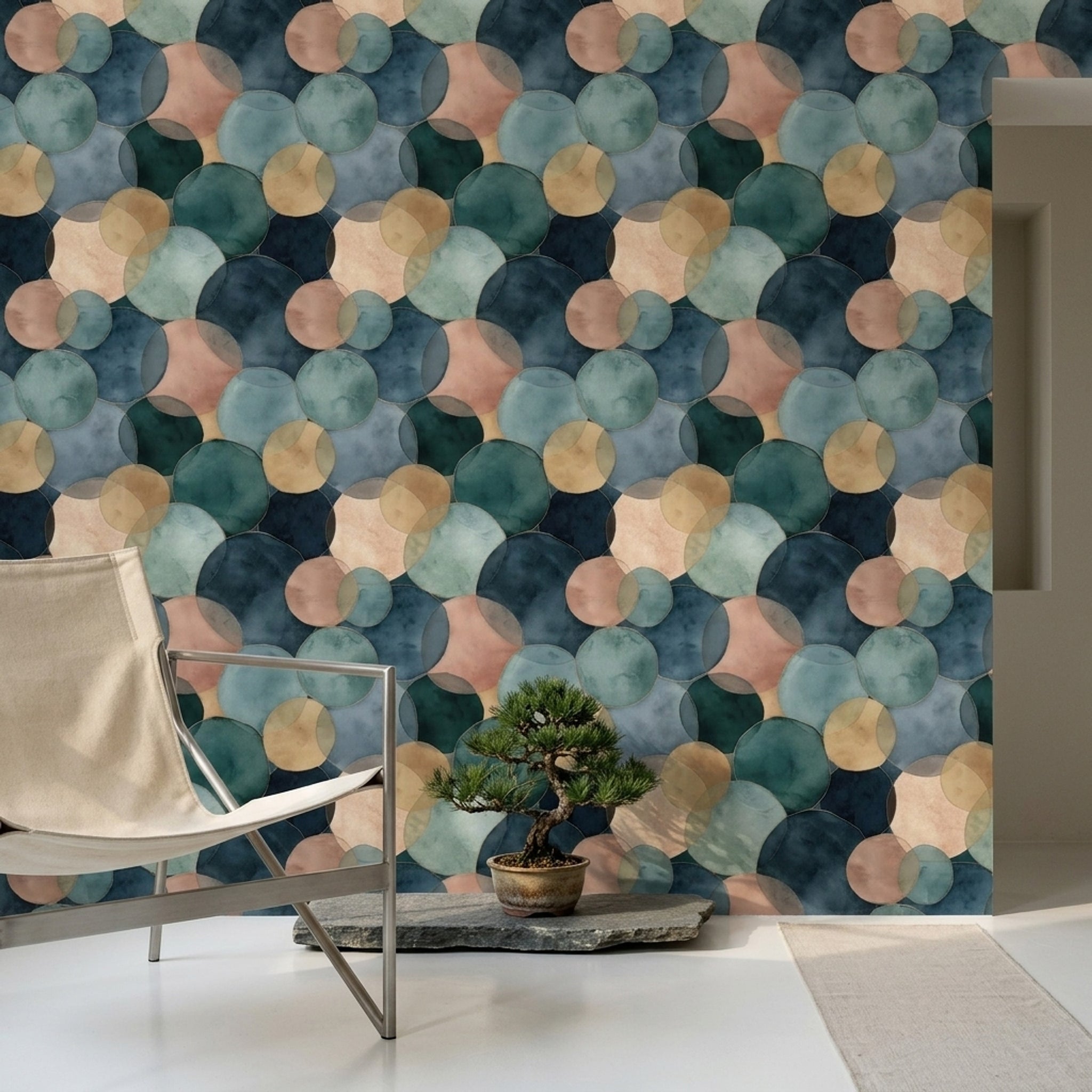 Daire Desenli Duvar Kağıdı Mavi Yeşil Modern Salon