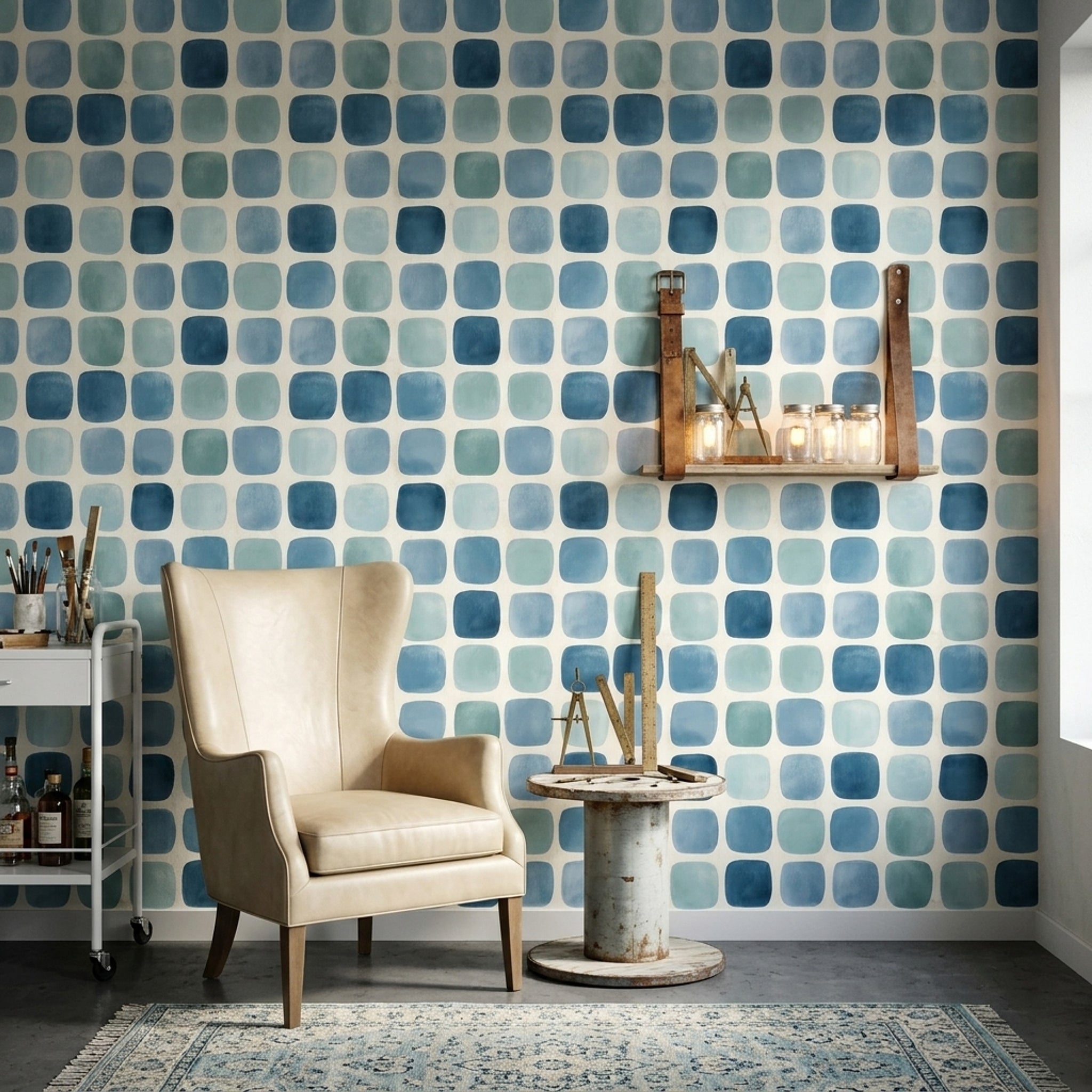 Mavi Kareli Geometrik Duvar Kağıdı Modern Salon Deseni