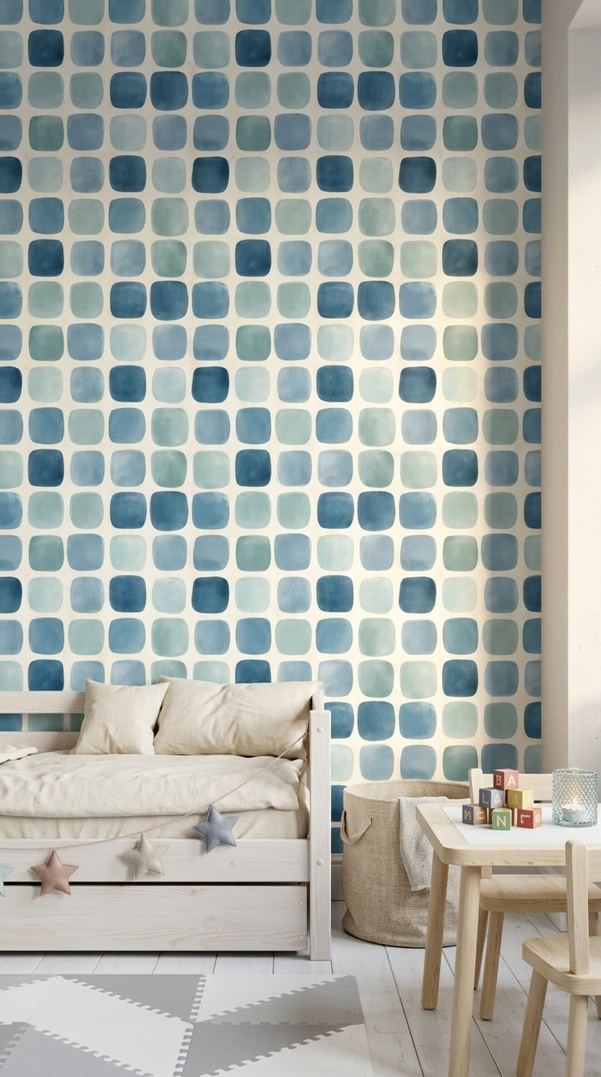 Mavi Kareli Geometrik Duvar Kağıdı Modern Salon Deseni