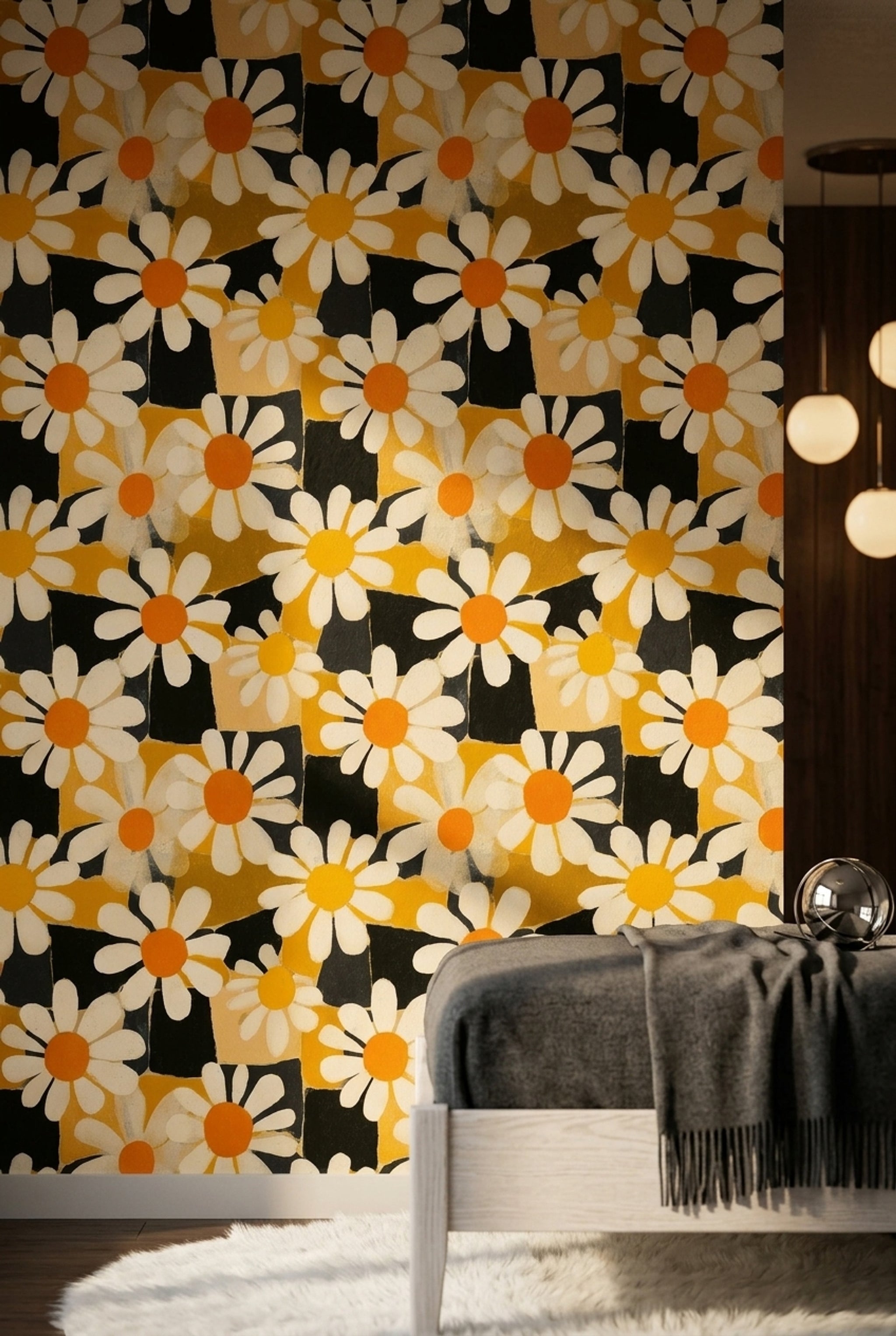 Papatya Desenli Duvar Kağıdı Sarı Siyah Retro Salon