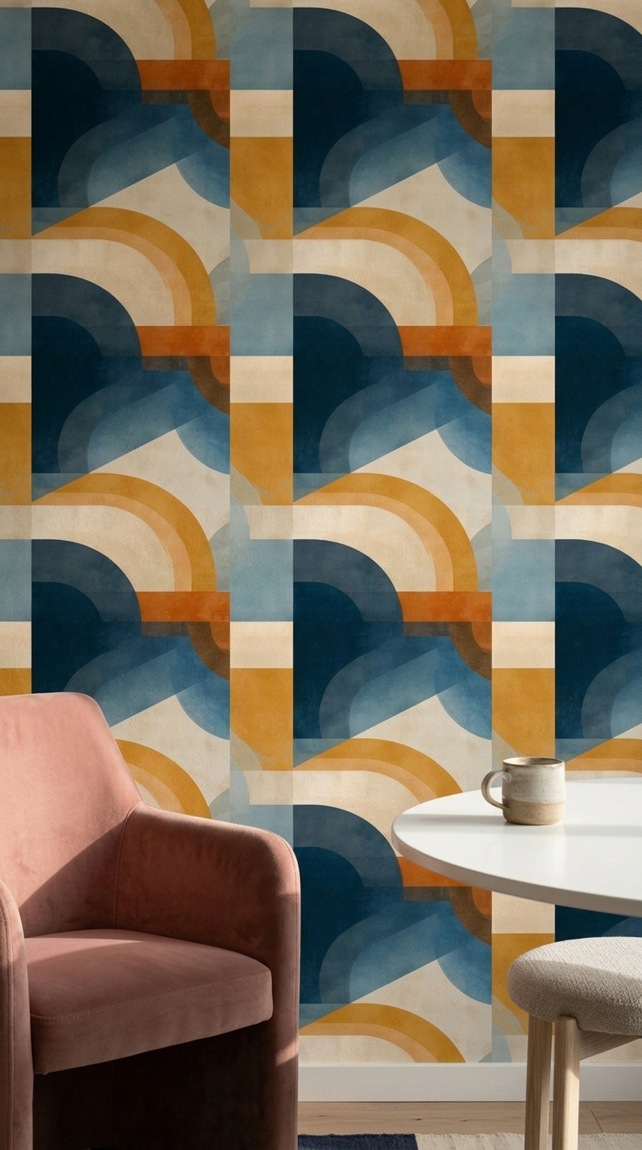 Geometrik Kemer Desenli Duvar Kağıdı Lacivert Hardal Salon